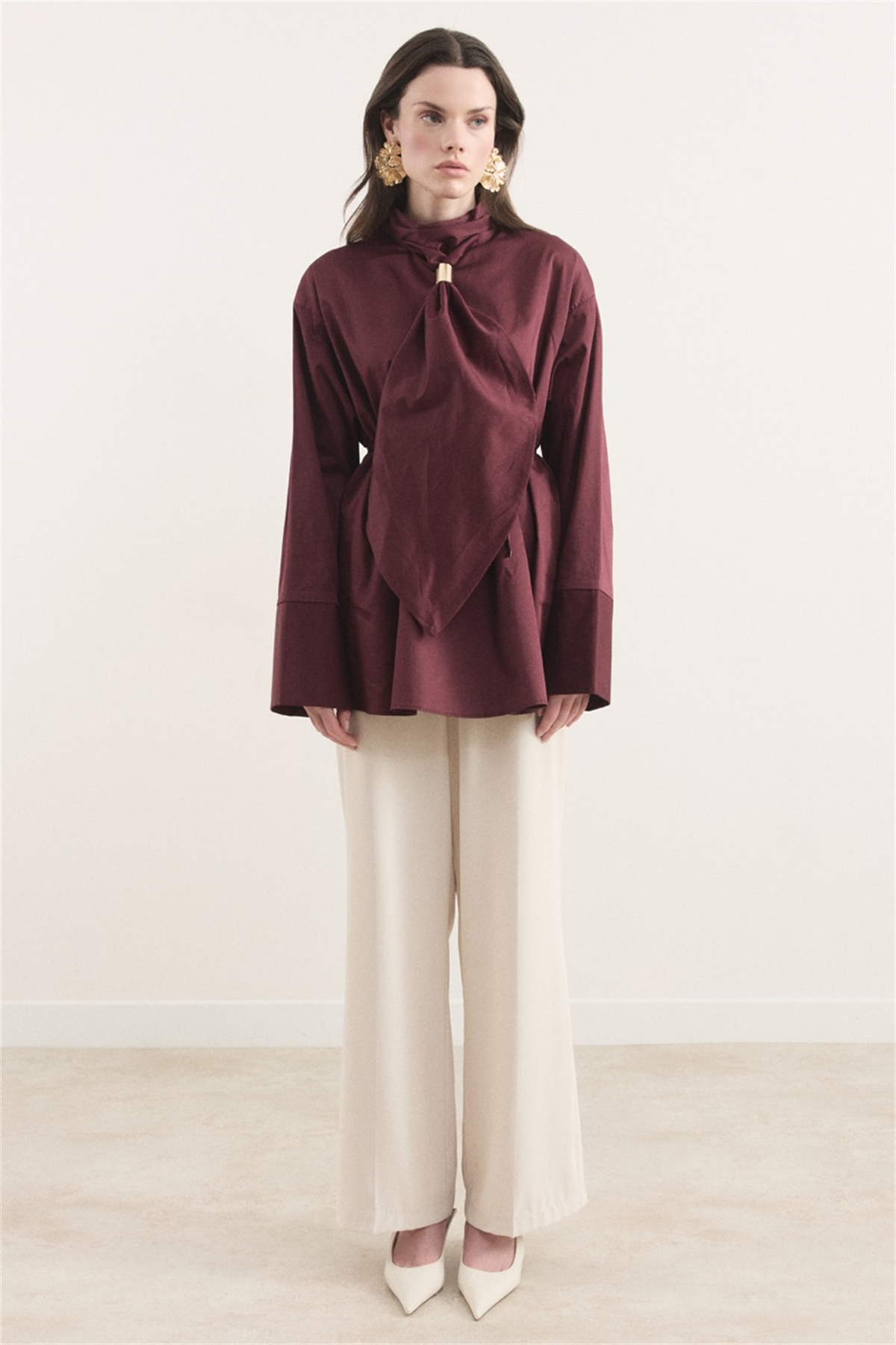 Kravat Detay Dacron Gömlek - Bordo