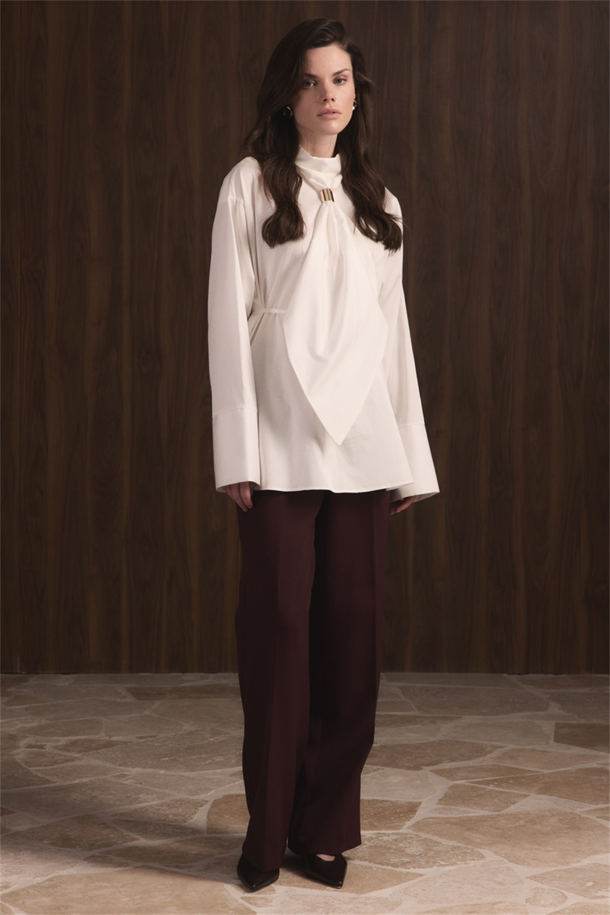 Kravat Detay Dacron Gömlek - Ekru