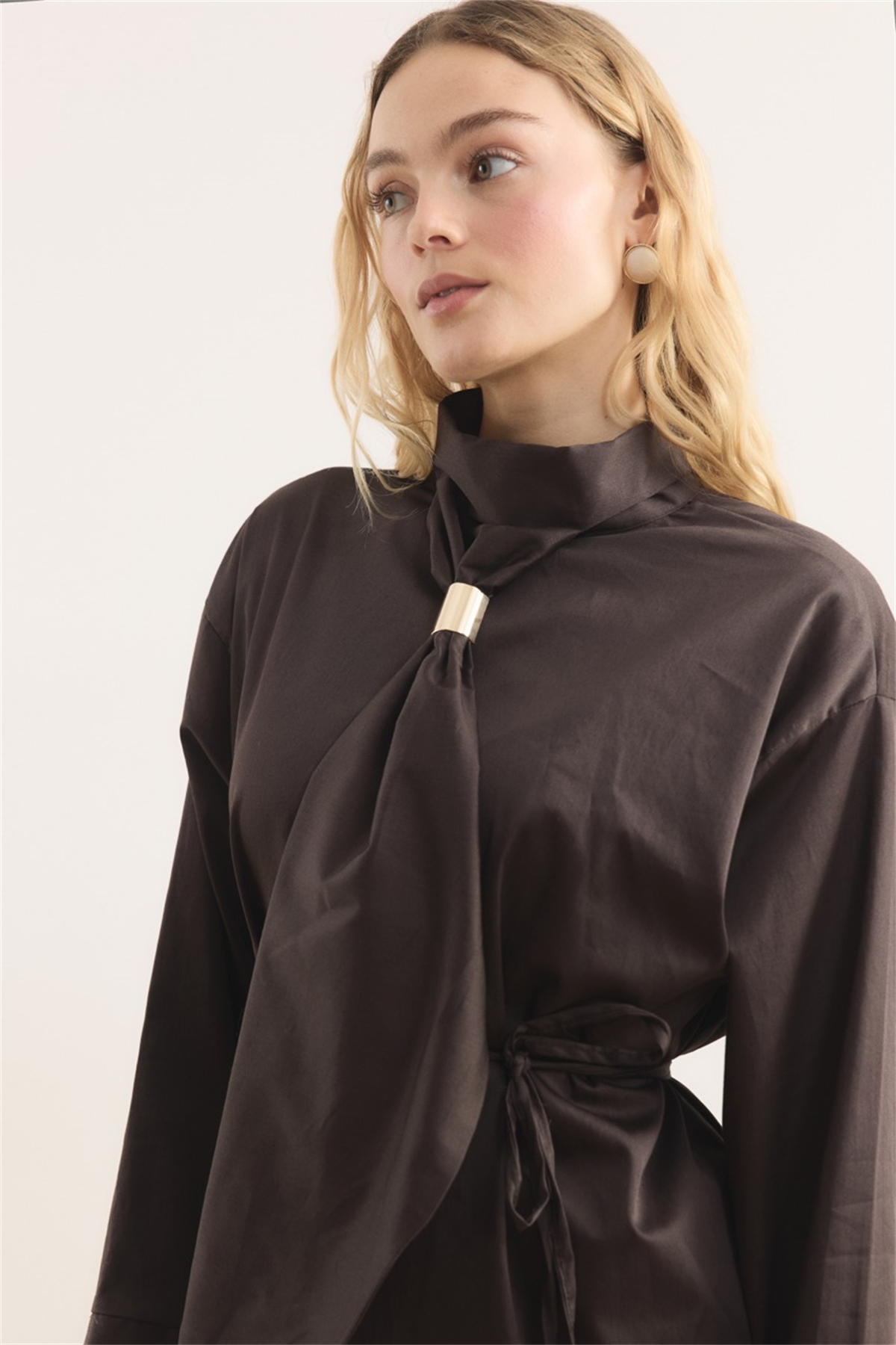 Kravat Detay Dacron Gömlek - Kahve