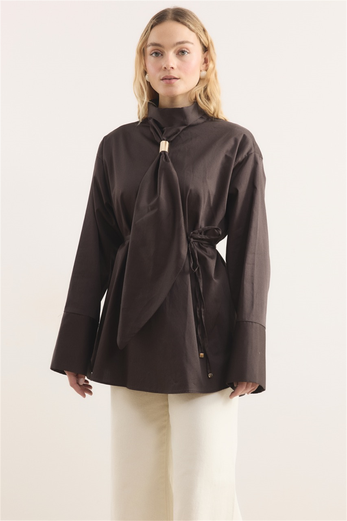 Kravat Detay Dacron Gömlek - Kahve