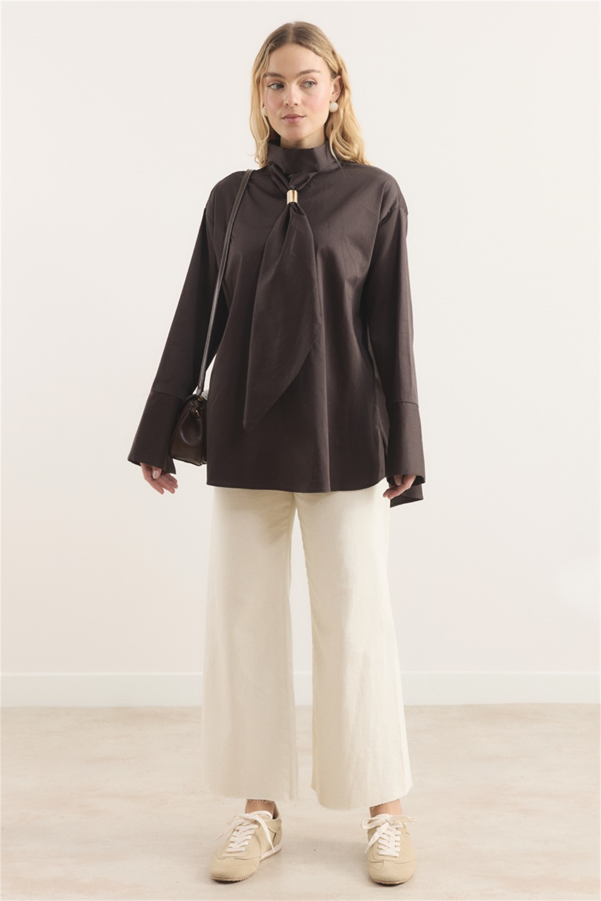 Kravat Detay Dacron Gömlek - Kahve