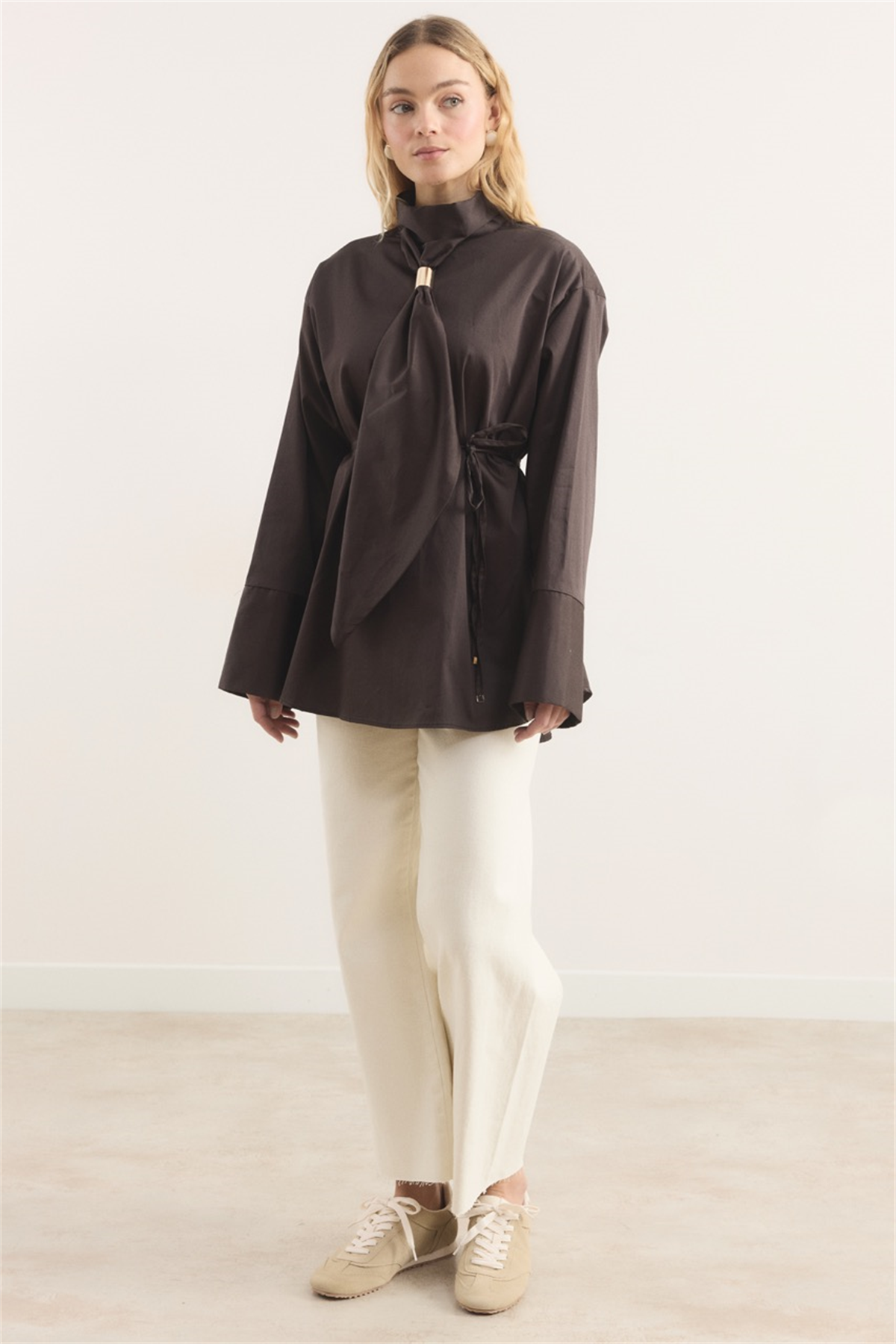 Kravat Detay Dacron Gömlek - Kahve