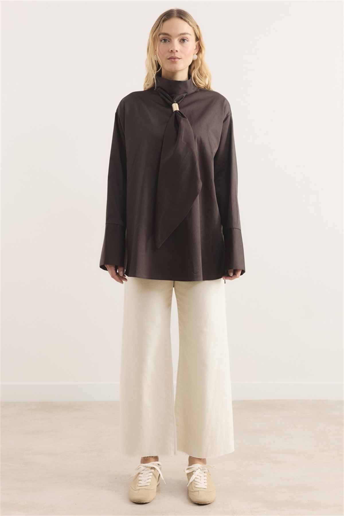 Kravat Detay Dacron Gömlek - Kahve