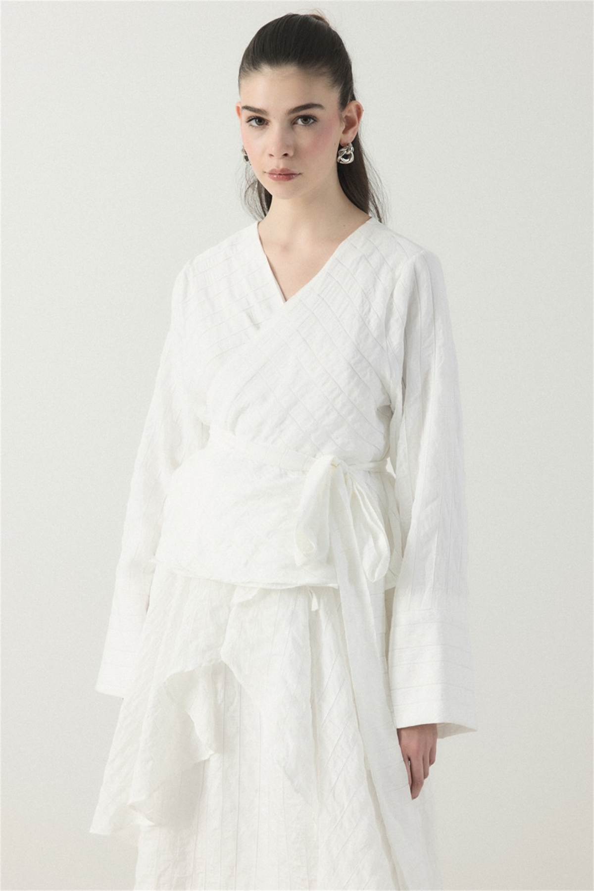 Kruvaze Çizgili Etek Takım - Ekru