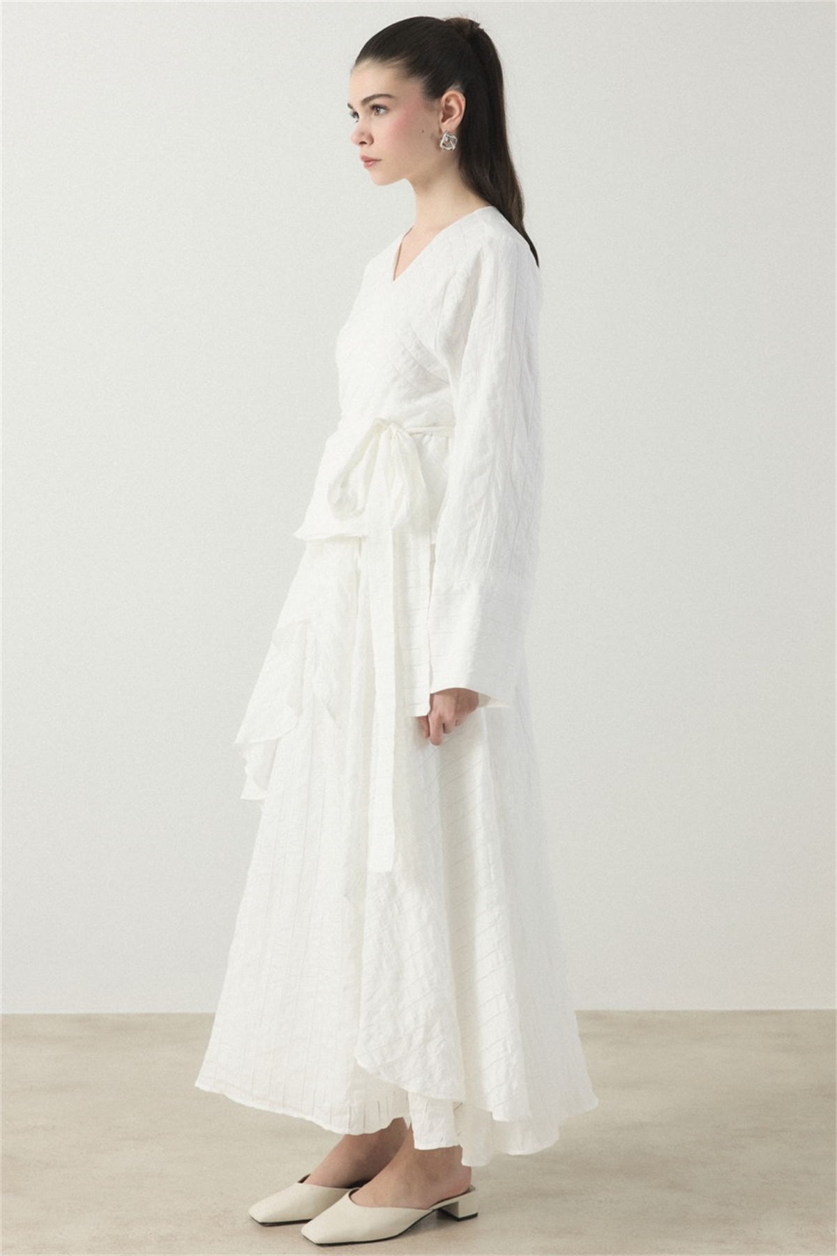 Kruvaze Çizgili Etek Takım - Ekru