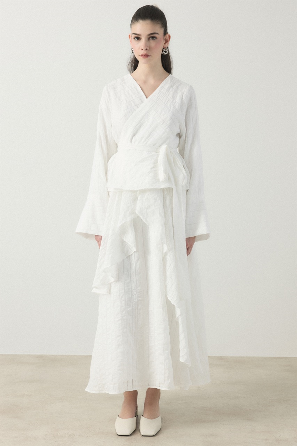 Kruvaze Çizgili Etek Takım - Ekru