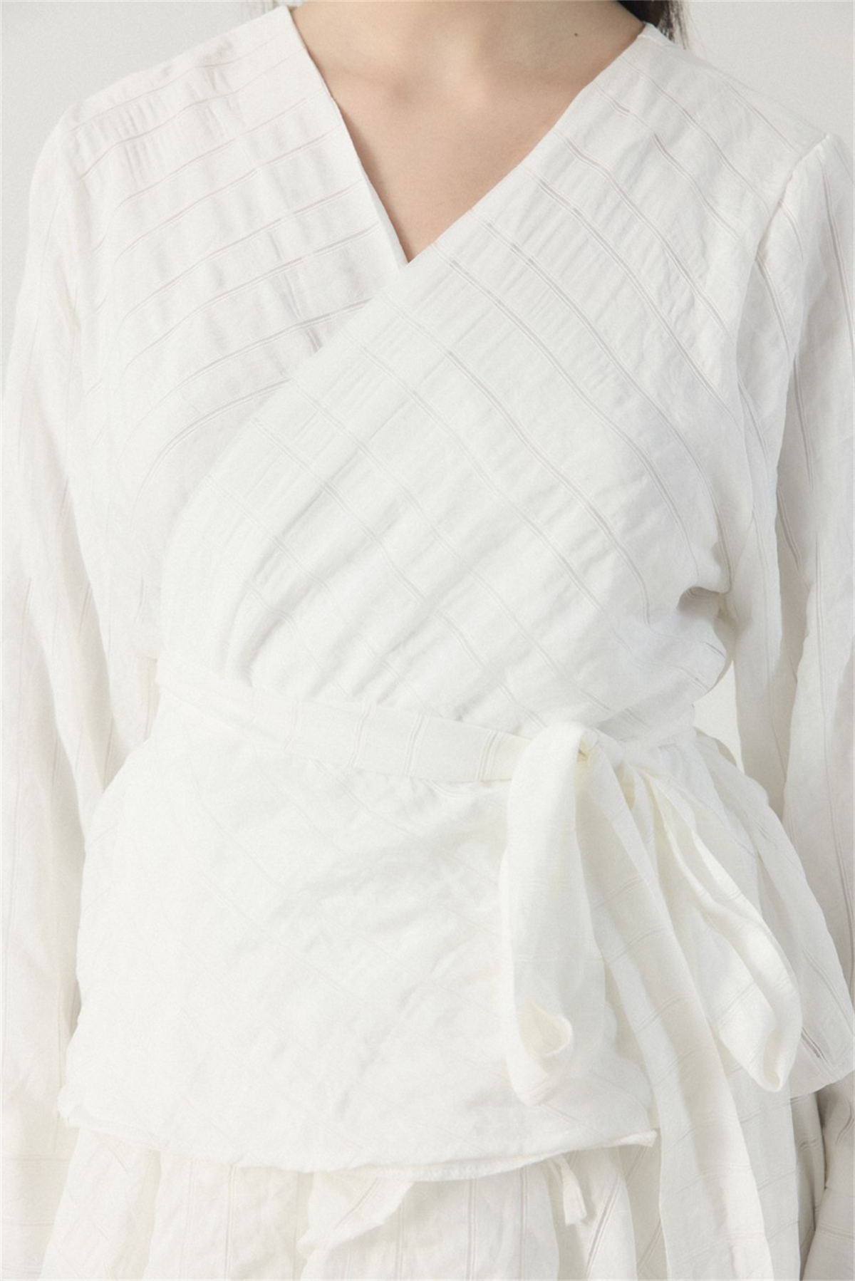 Kruvaze Çizgili Etek Takım - Ekru