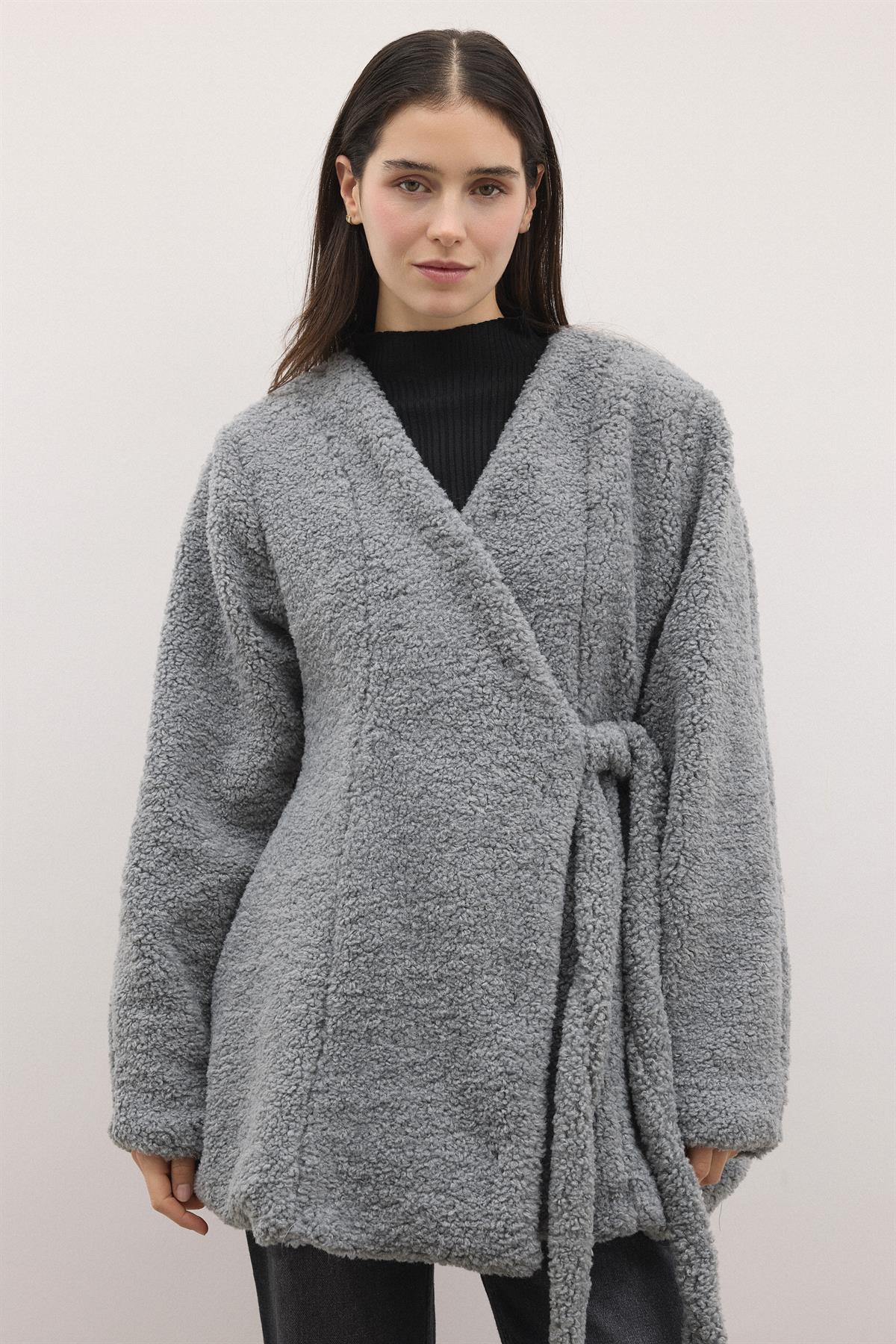 Kruvaze Curly Kaşe Ceket - Gri