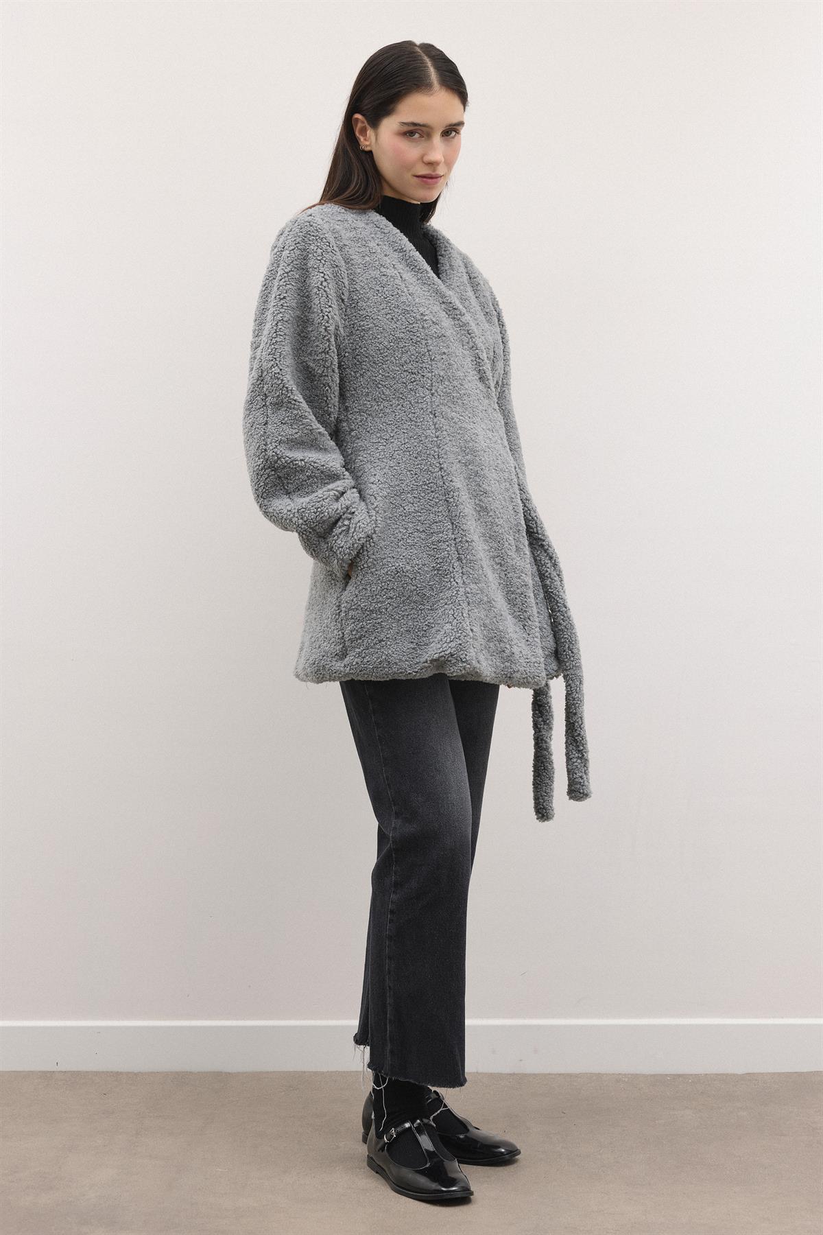 Kruvaze Curly Kaşe Ceket - Gri