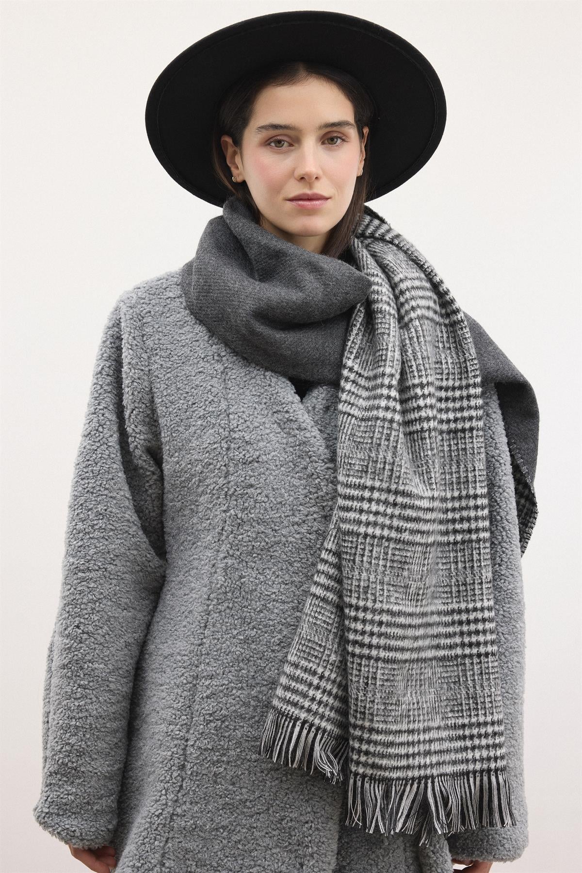 Kruvaze Curly Kaşe Ceket - Gri