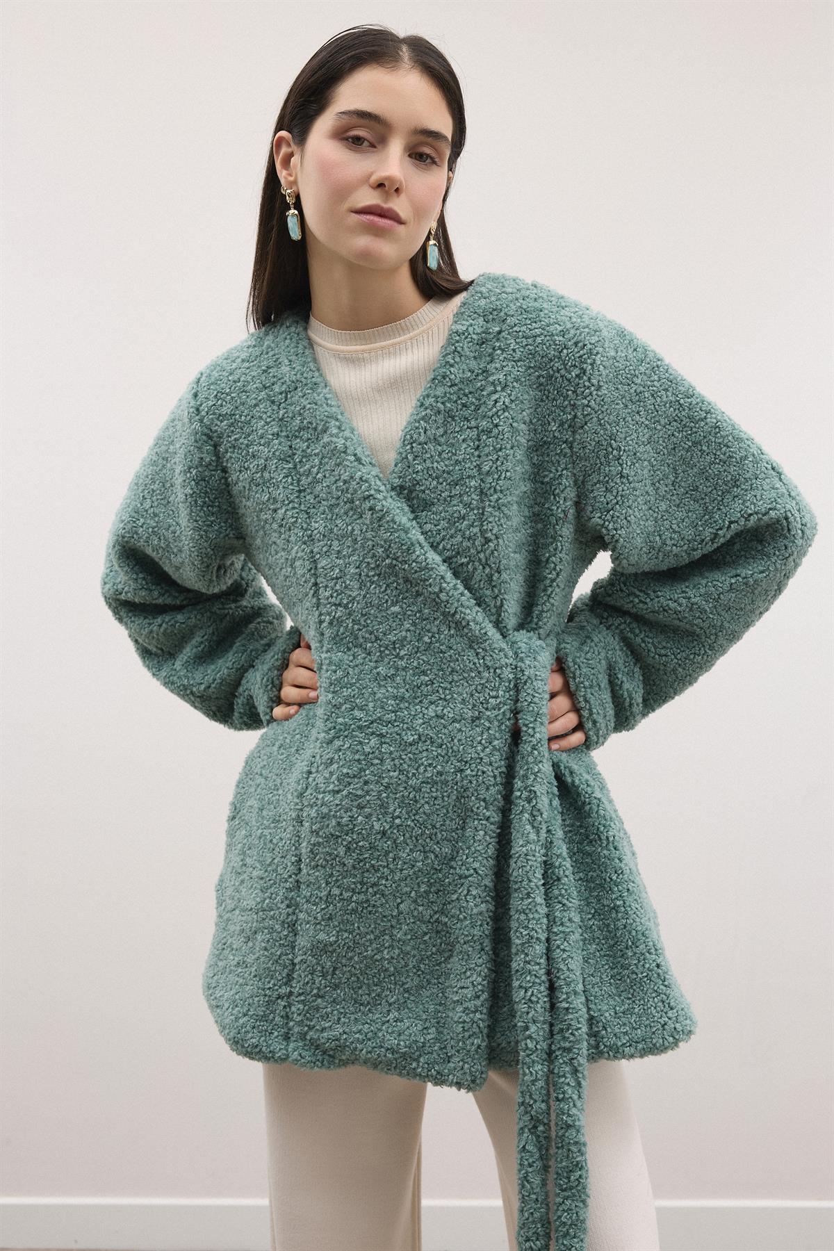 Kruvaze Curly Kaşe Ceket - Mint