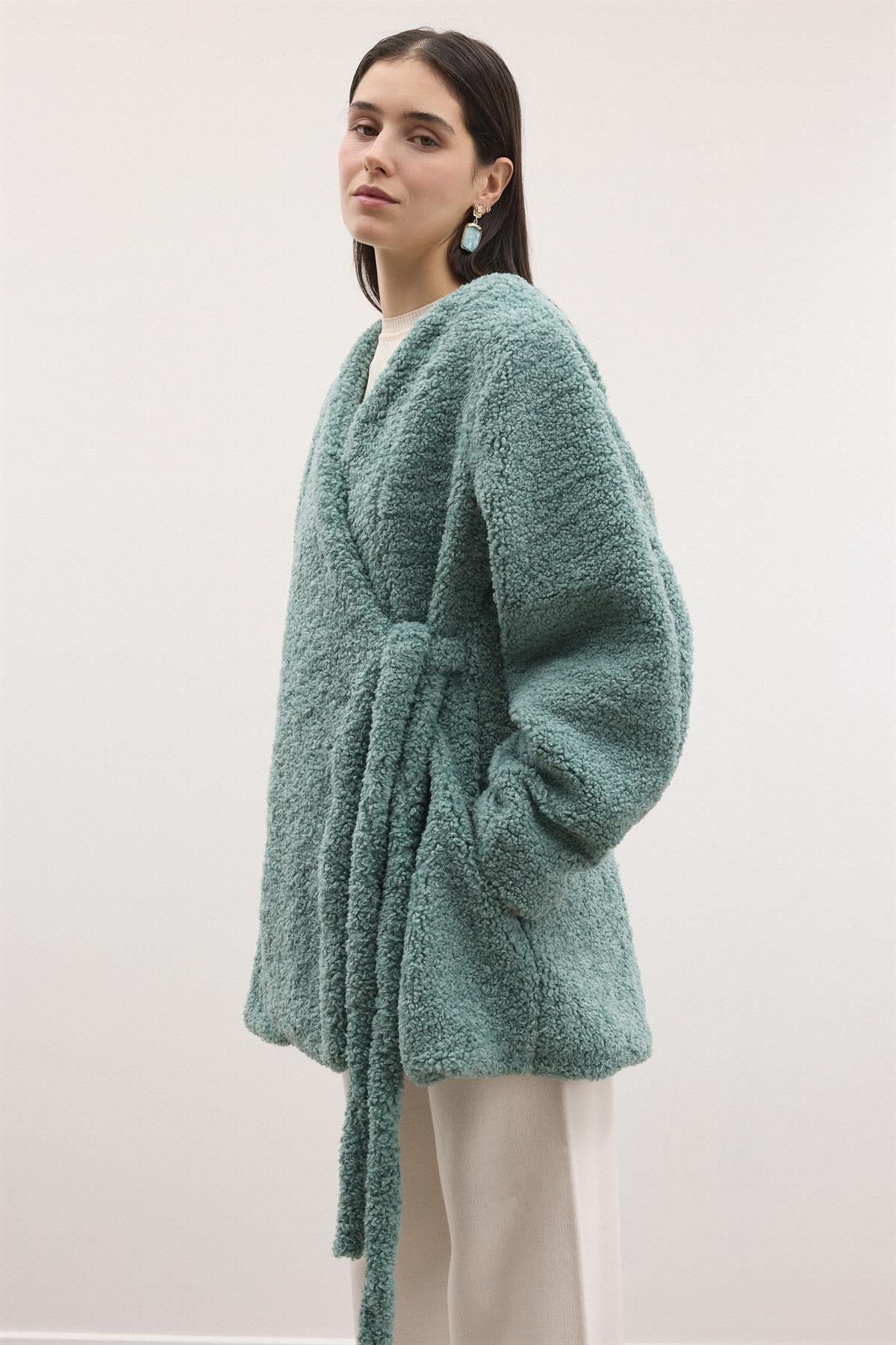 Kruvaze Curly Kaşe Ceket - Mint