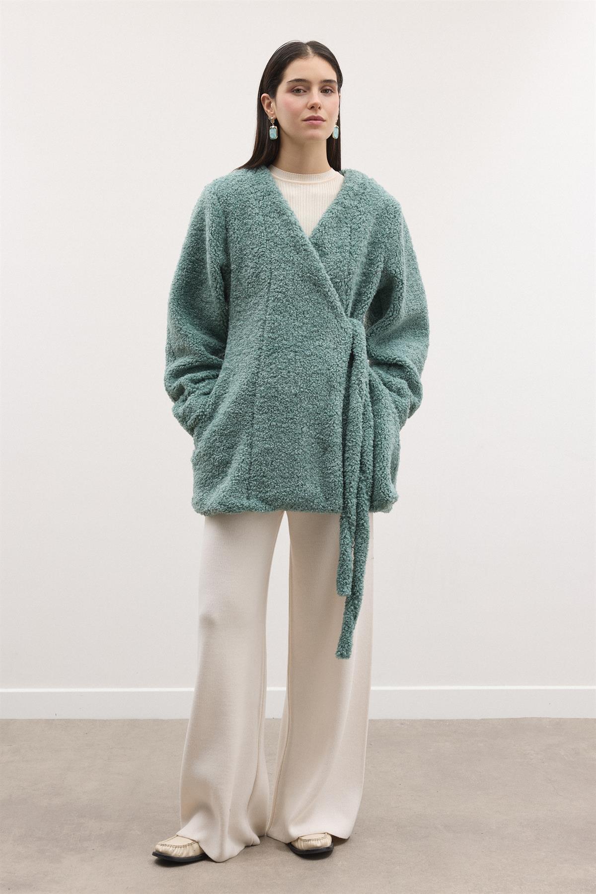 Kruvaze Curly Kaşe Ceket - Mint