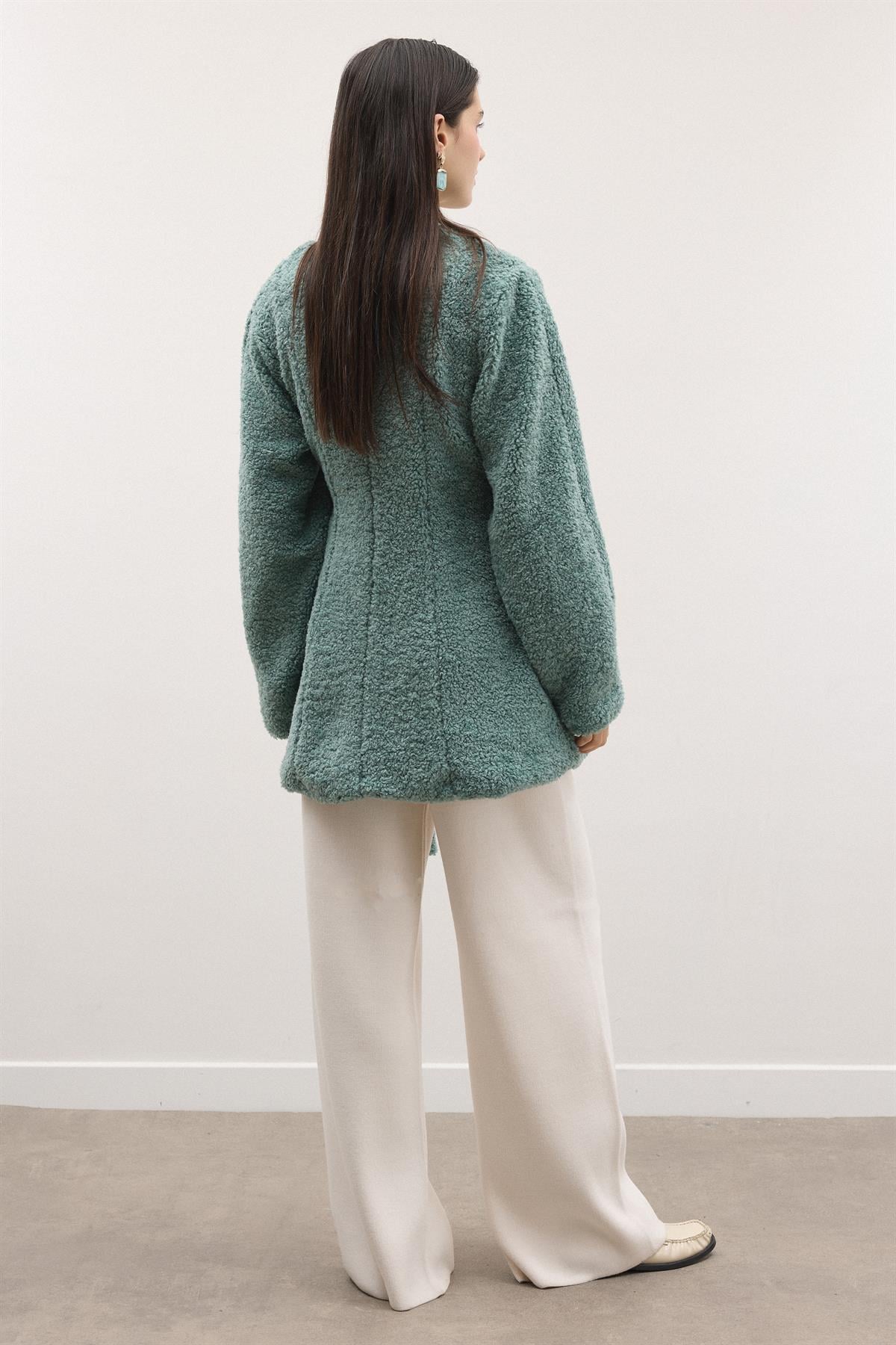 Kruvaze Curly Kaşe Ceket - Mint