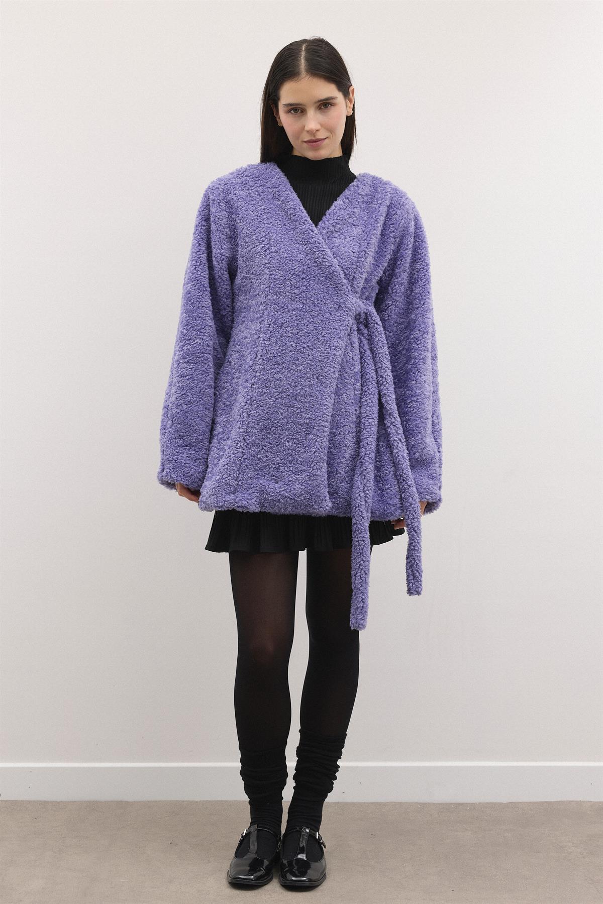 Kruvaze Curly Kaşe Ceket - Mor