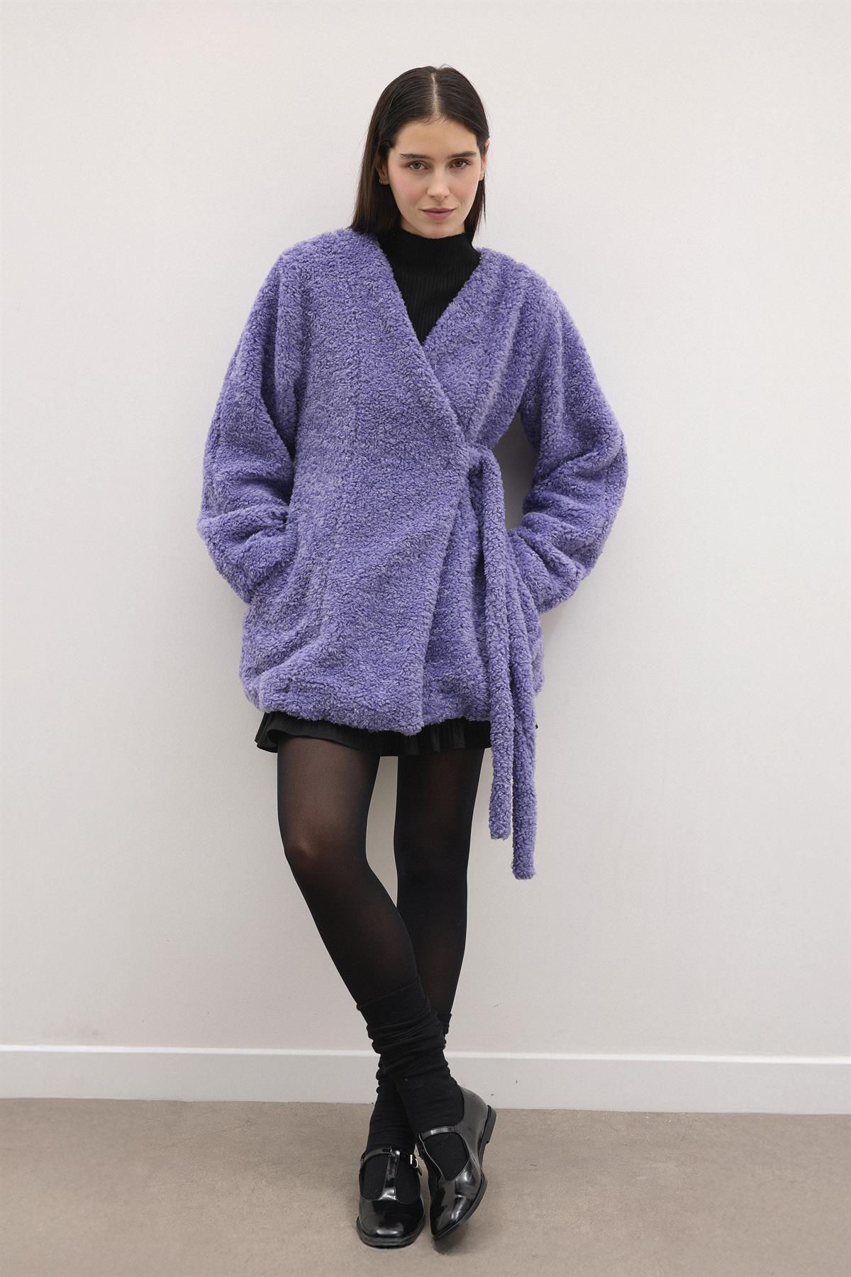 Kruvaze Curly Kaşe Ceket - Mor