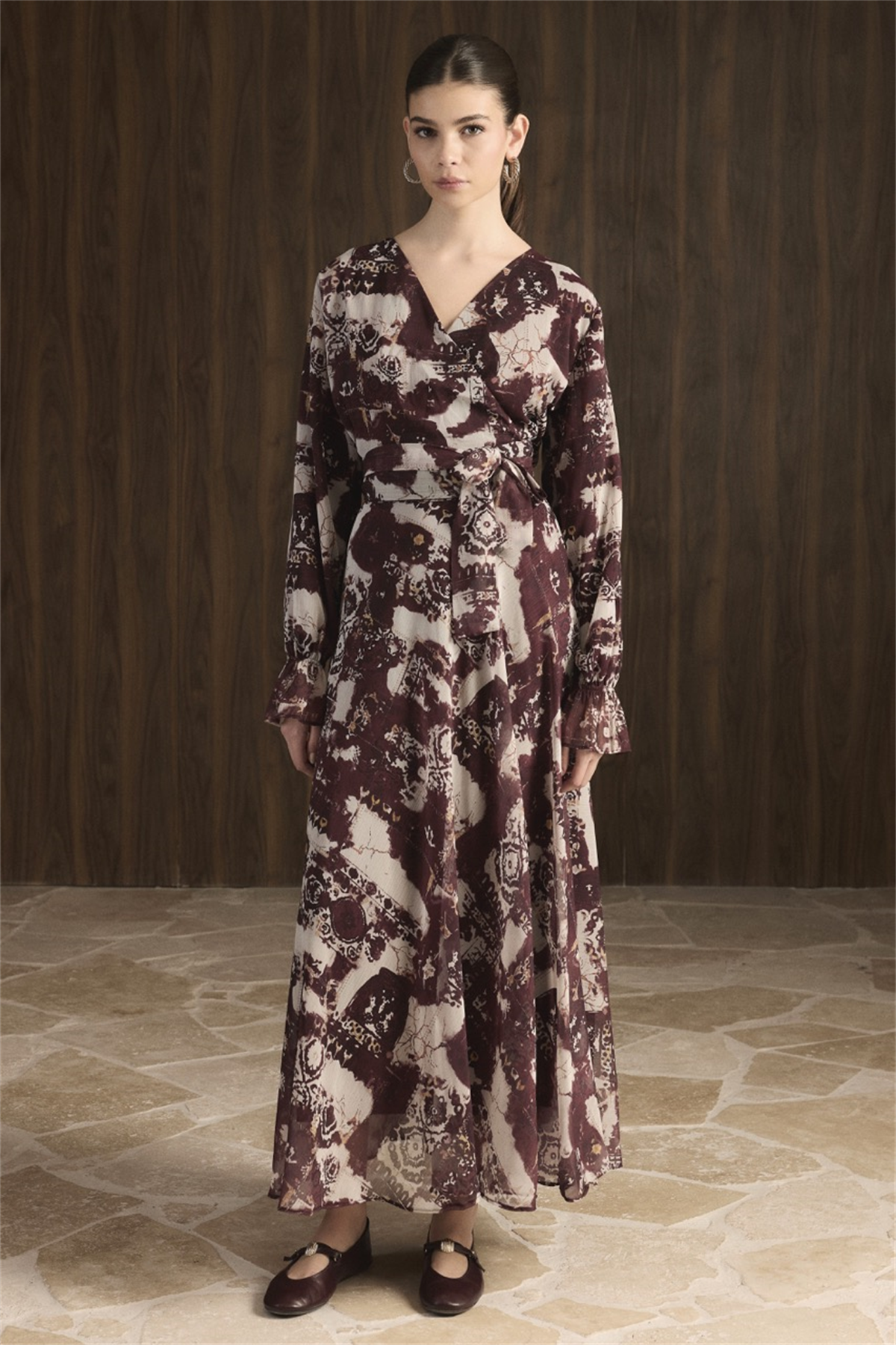 Kruvaze Desenli Şifon Takım - Bordo