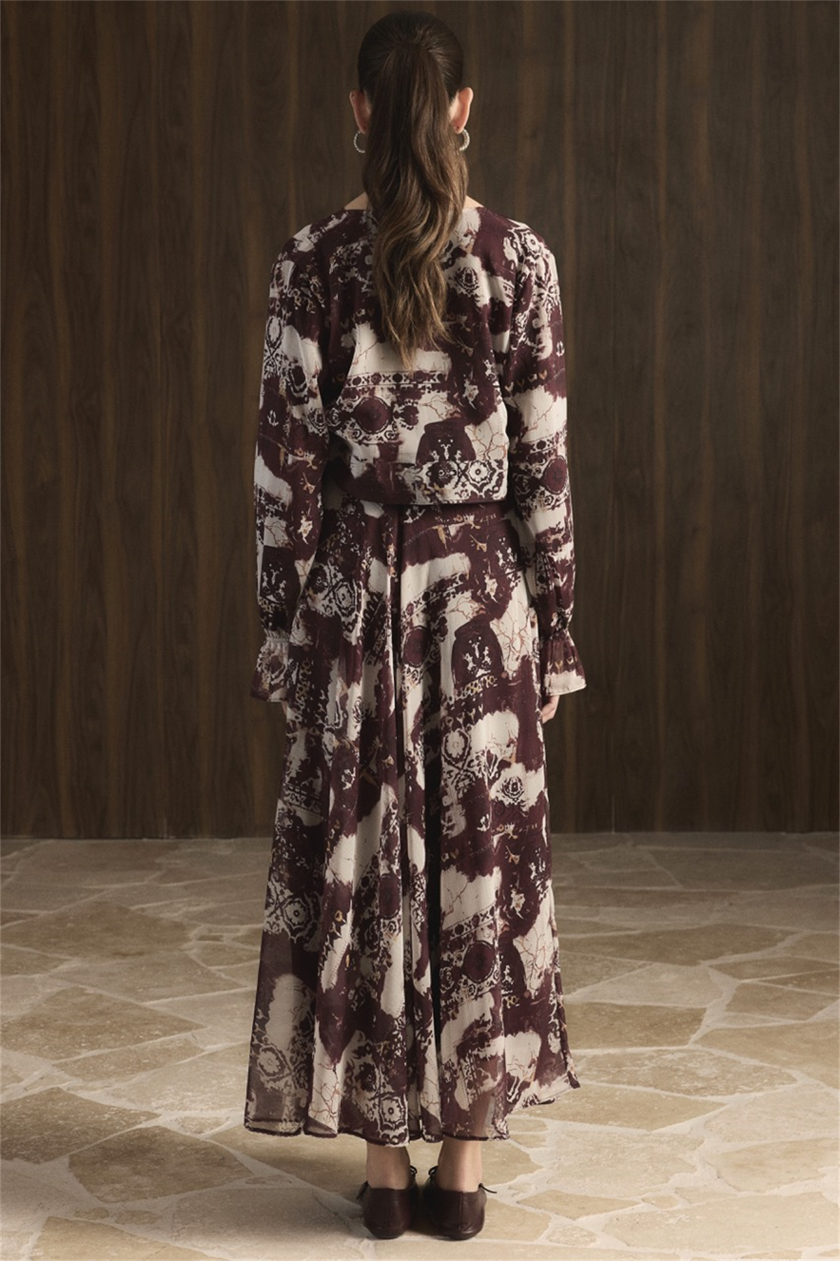 Kruvaze Desenli Şifon Takım - Bordo