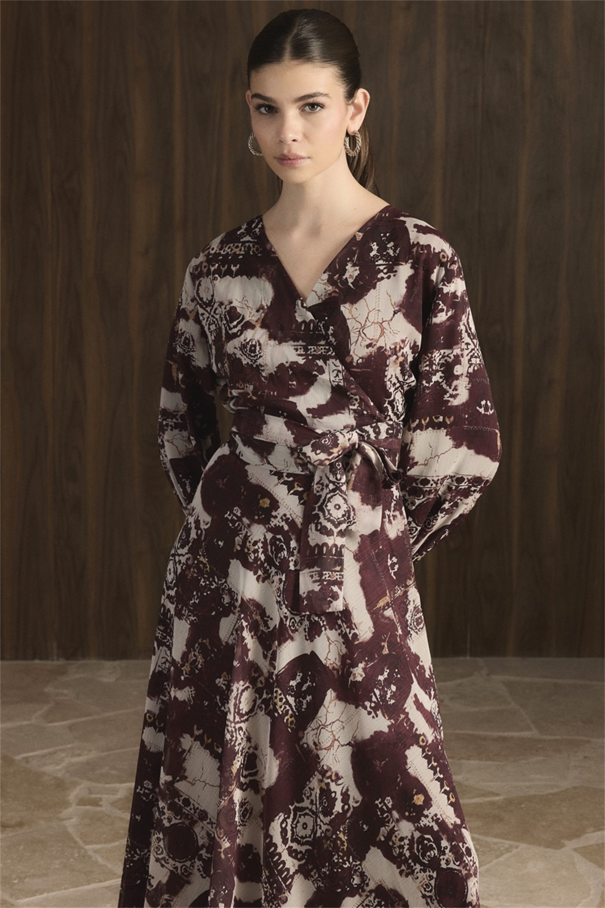 Kruvaze Desenli Şifon Takım - Bordo