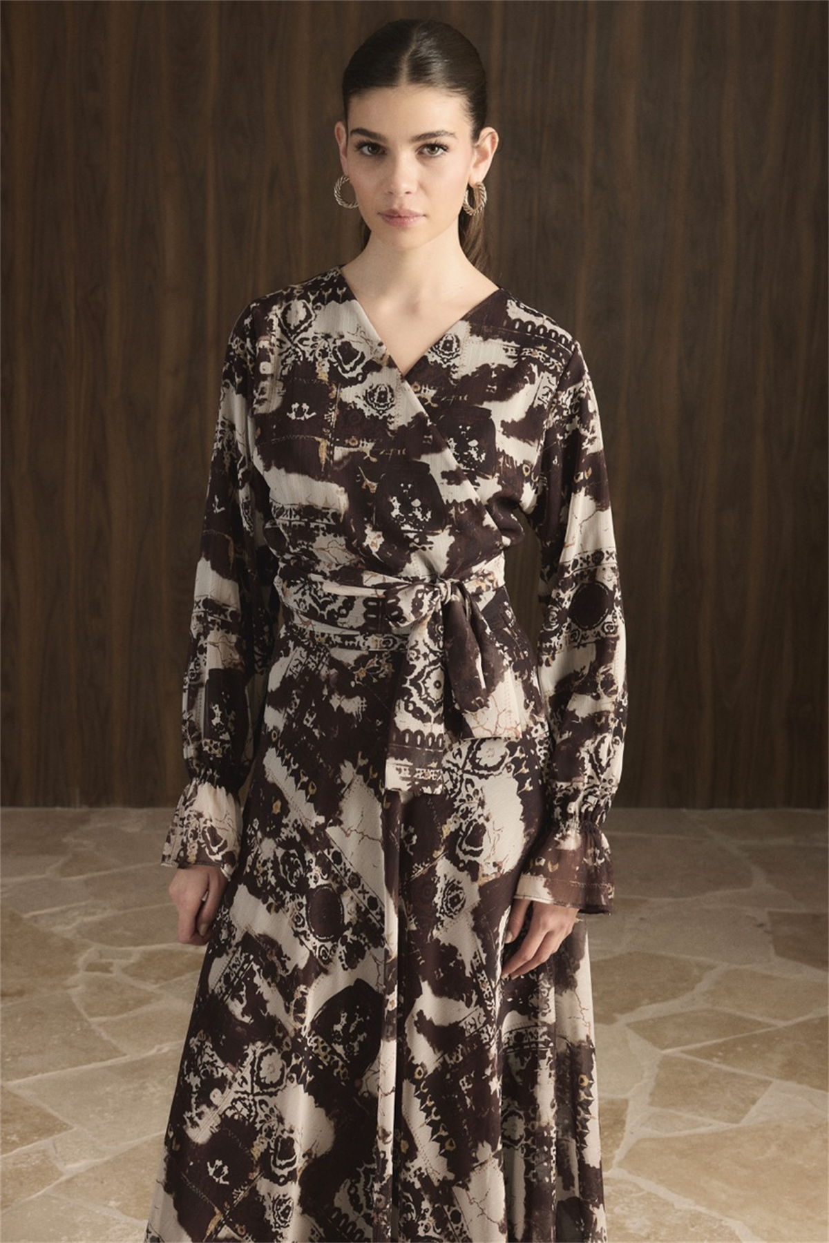 Kruvaze Desenli Şifon Takım - Kahve