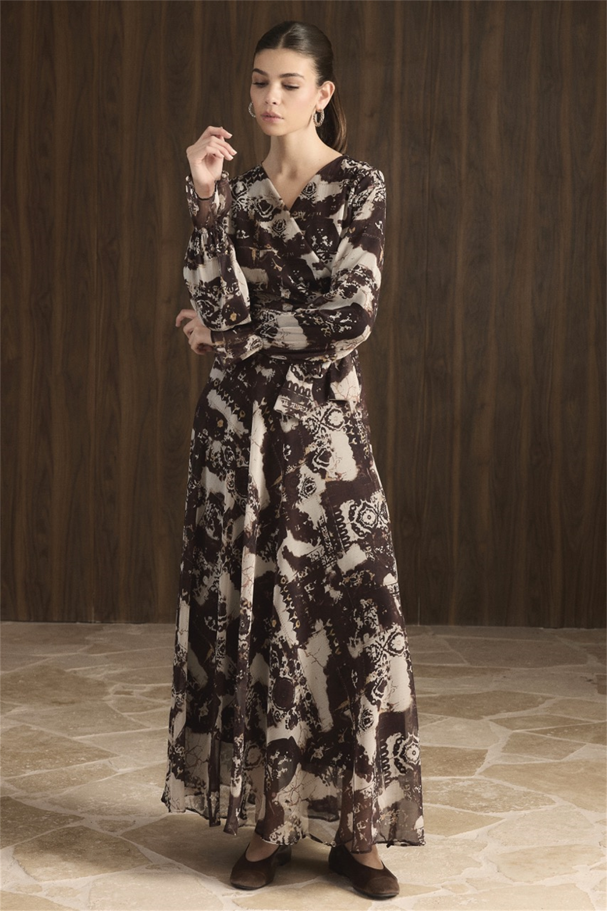 Kruvaze Desenli Şifon Takım - Kahve