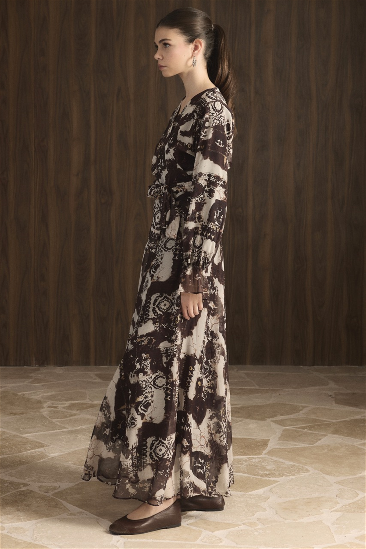 Kruvaze Desenli Şifon Takım - Kahve