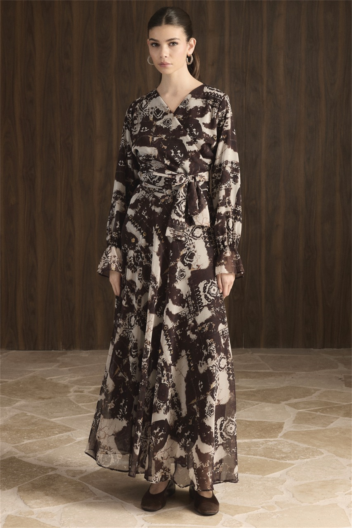 Kruvaze Desenli Şifon Takım - Kahve