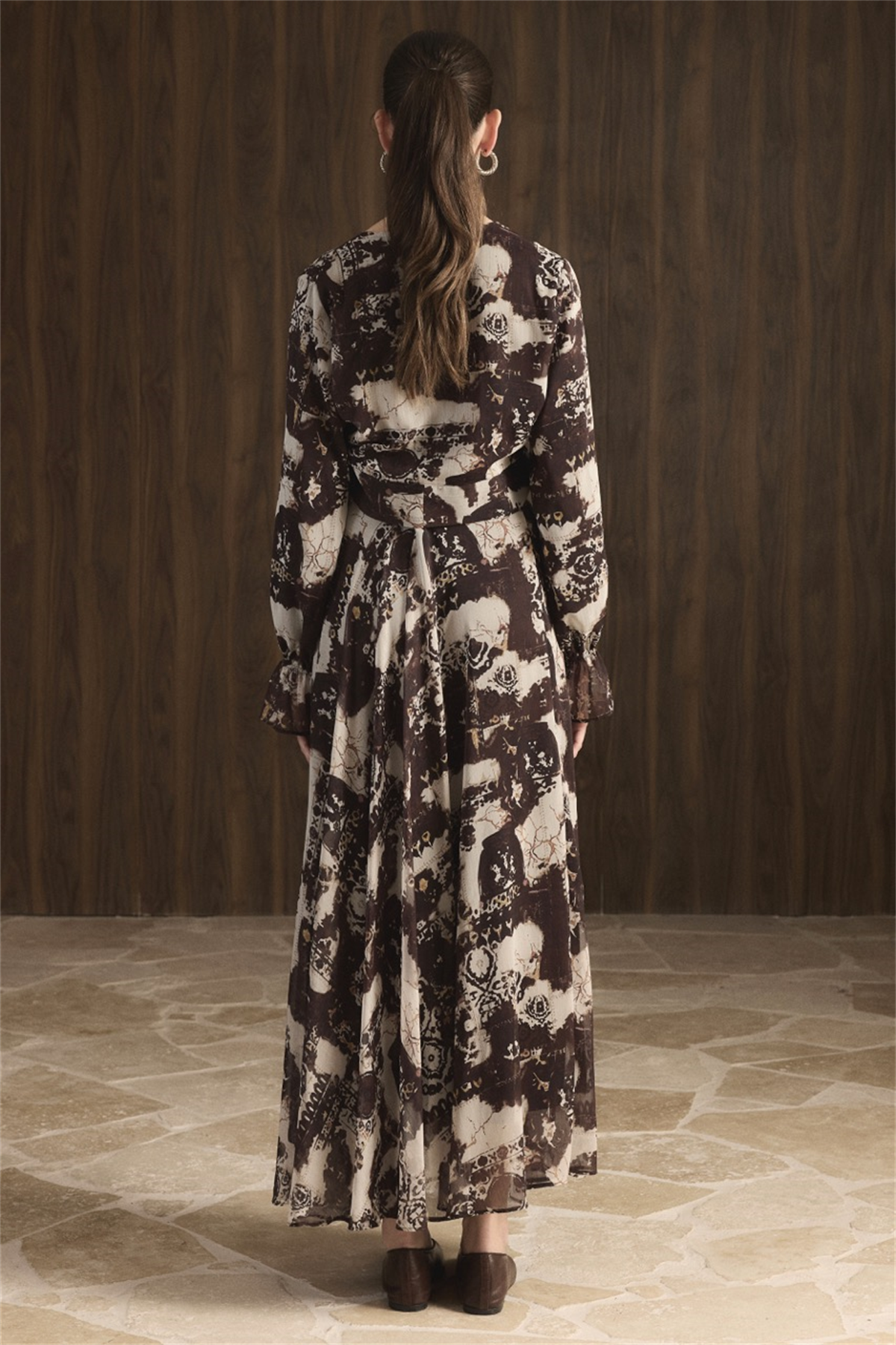 Kruvaze Desenli Şifon Takım - Kahve