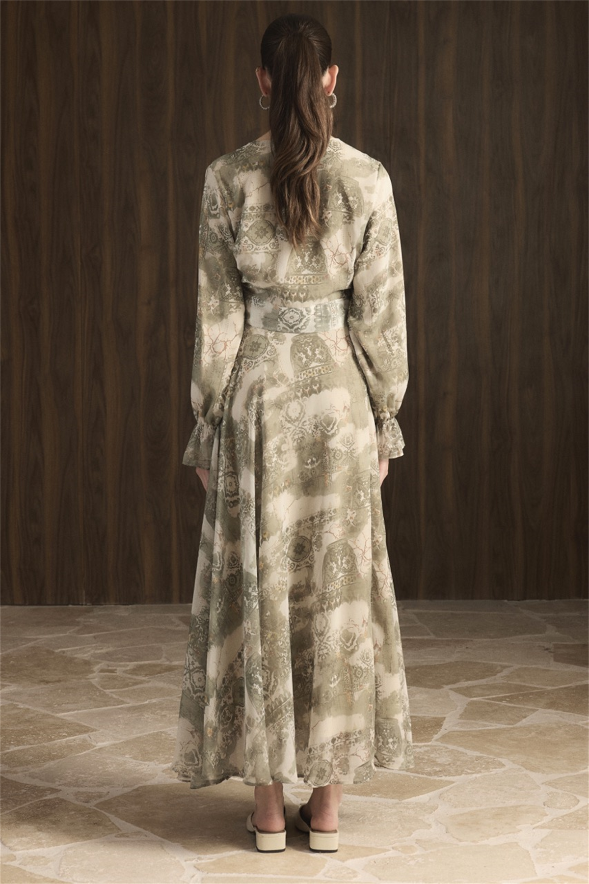 Kruvaze Desenli Şifon Takım - Yeşil