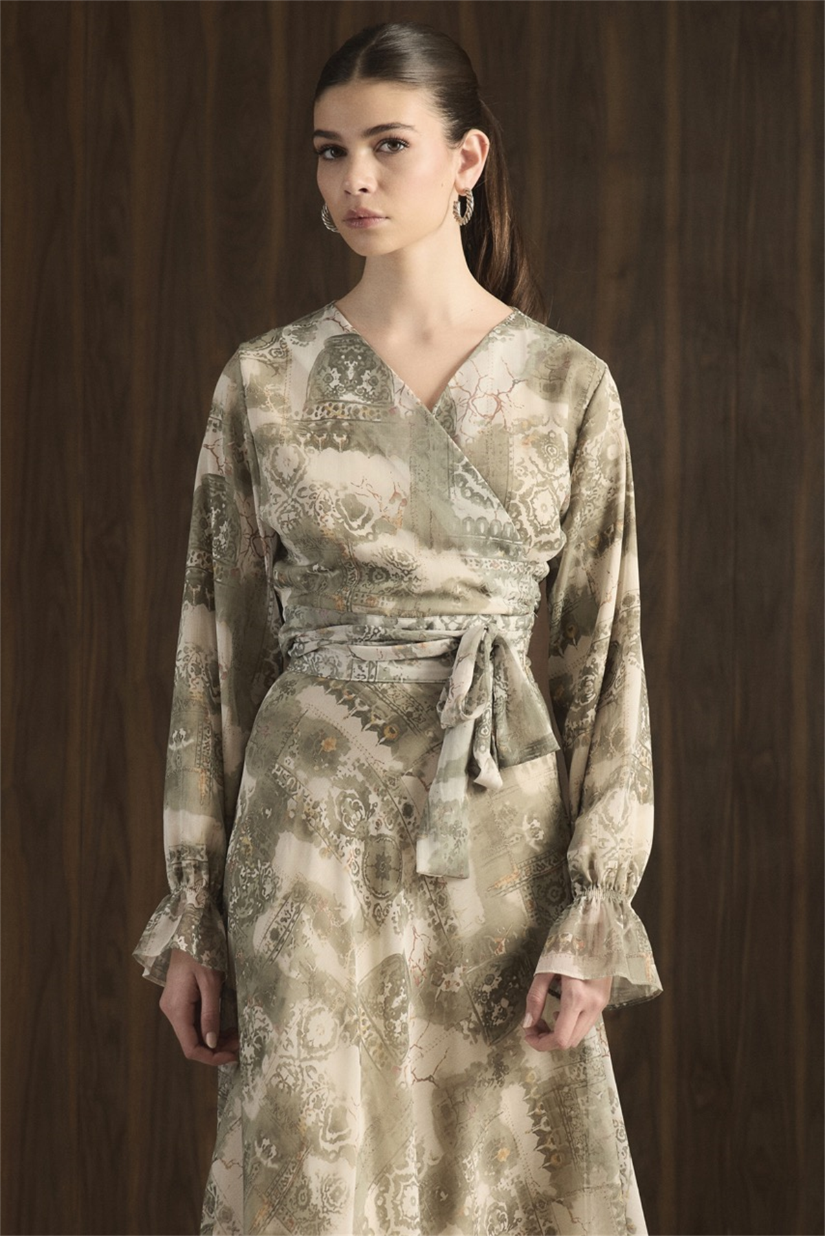 Kruvaze Desenli Şifon Takım - Yeşil