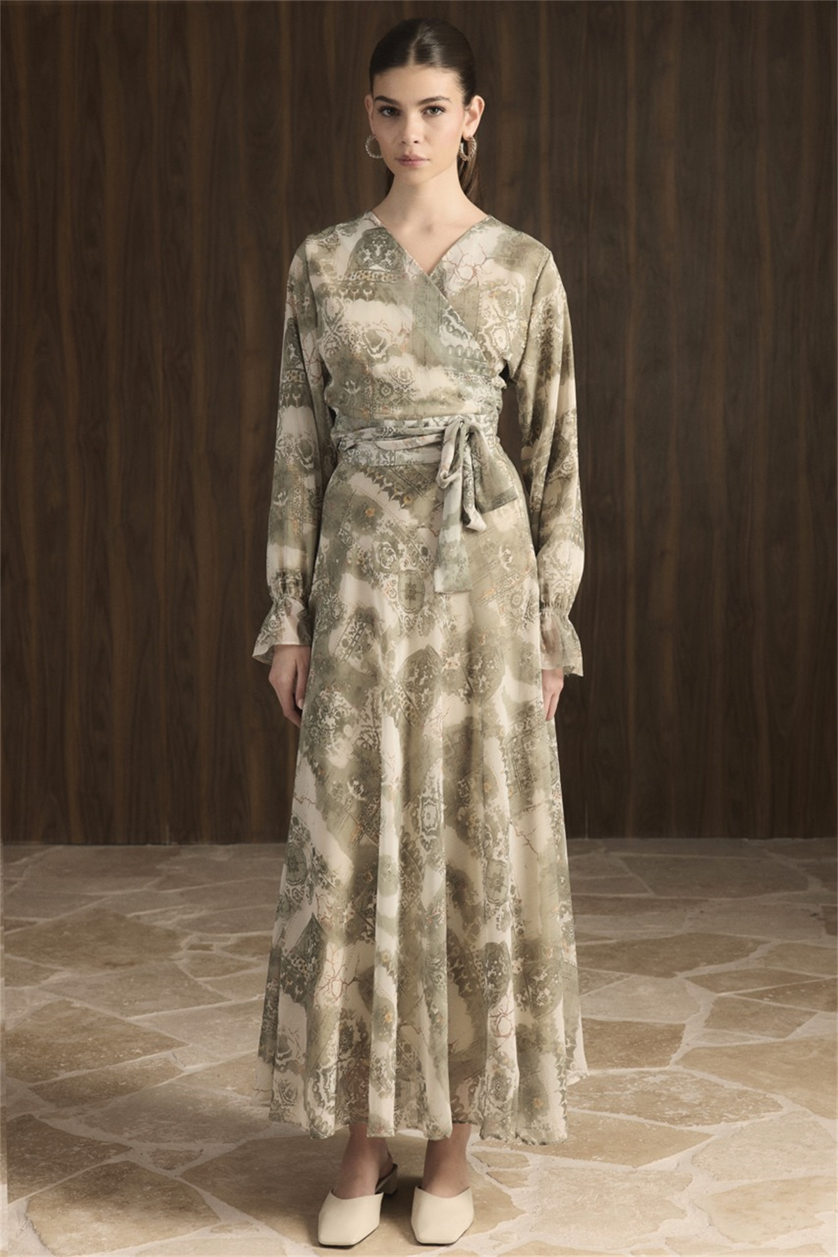 Kruvaze Desenli Şifon Takım - Yeşil