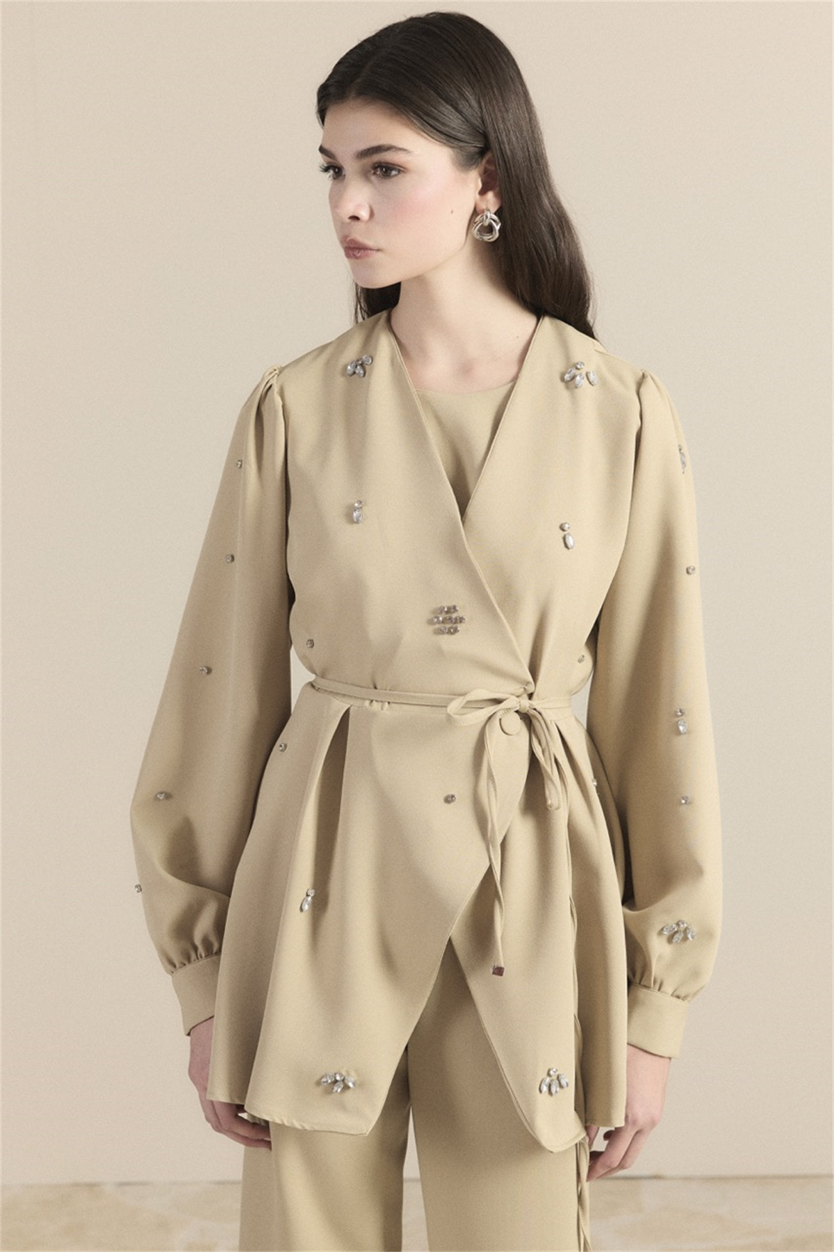 Kruvaze Taşlı Double Takım - Çağlayeşil