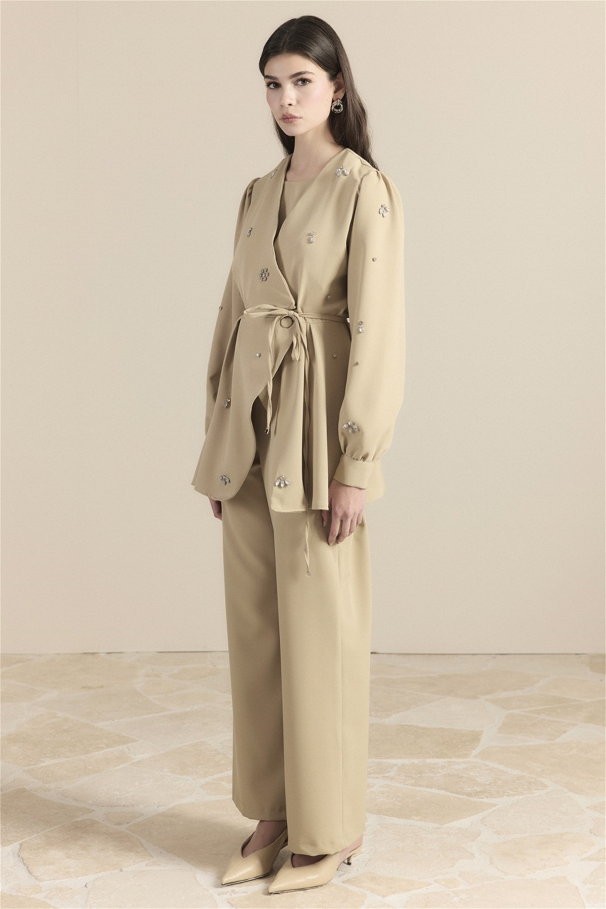 Kruvaze Taşlı Double Takım - Çağlayeşil