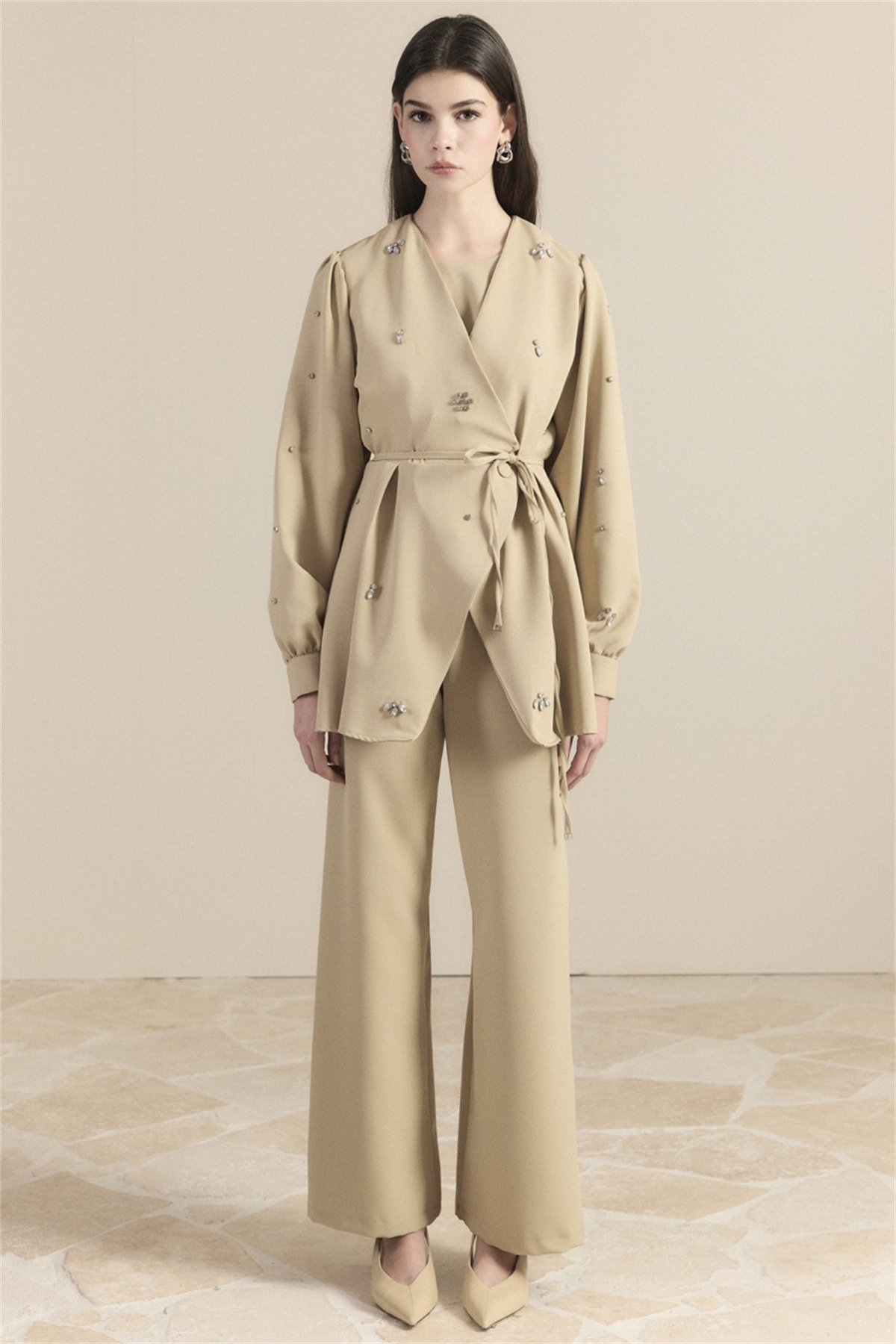 Kruvaze Taşlı Double Takım - Çağlayeşil