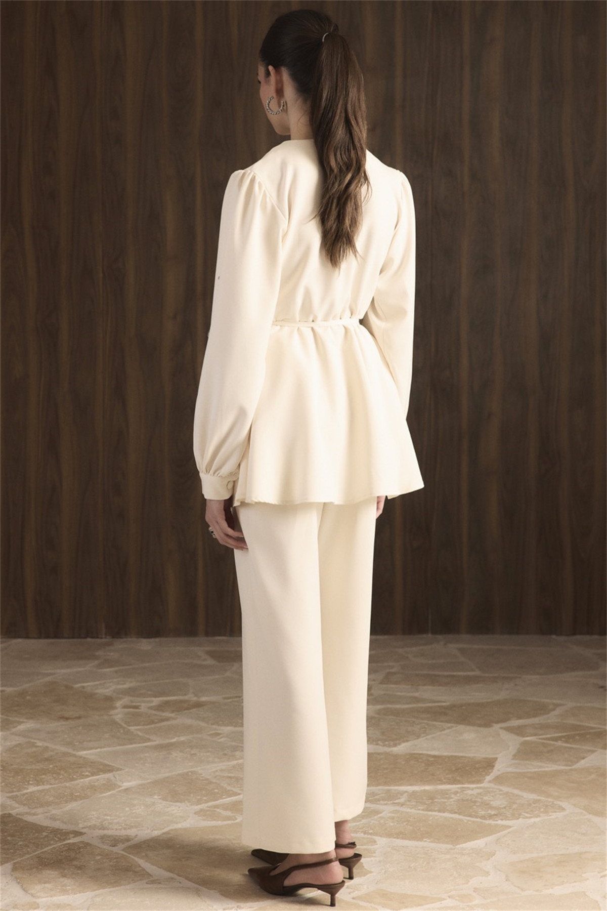 Kruvaze Taşlı Double Takım - Ekru