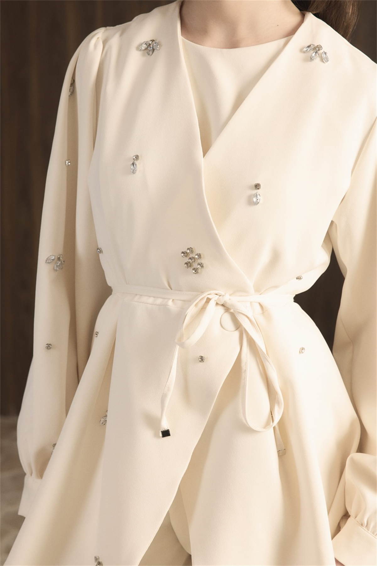 Kruvaze Taşlı Double Takım - Ekru