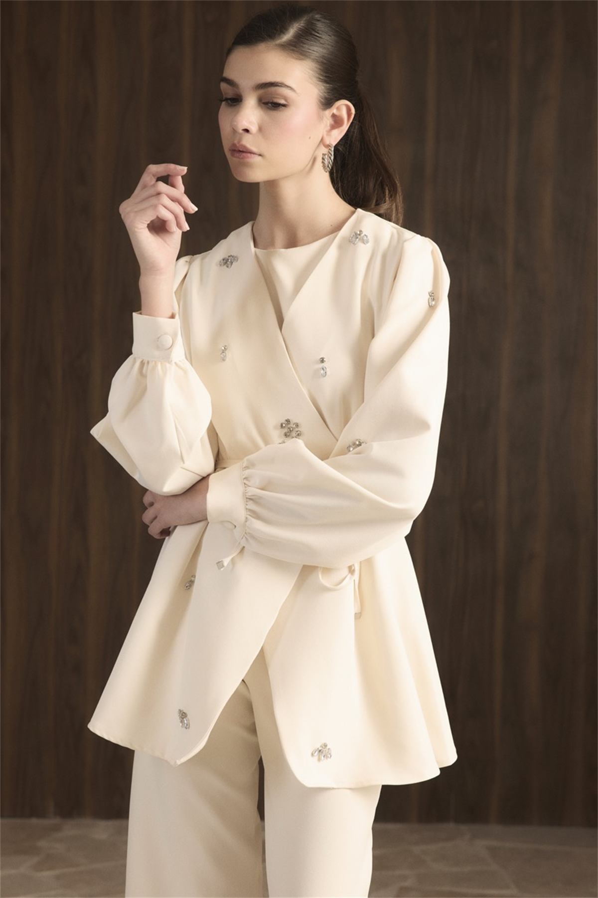 Kruvaze Taşlı Double Takım - Ekru