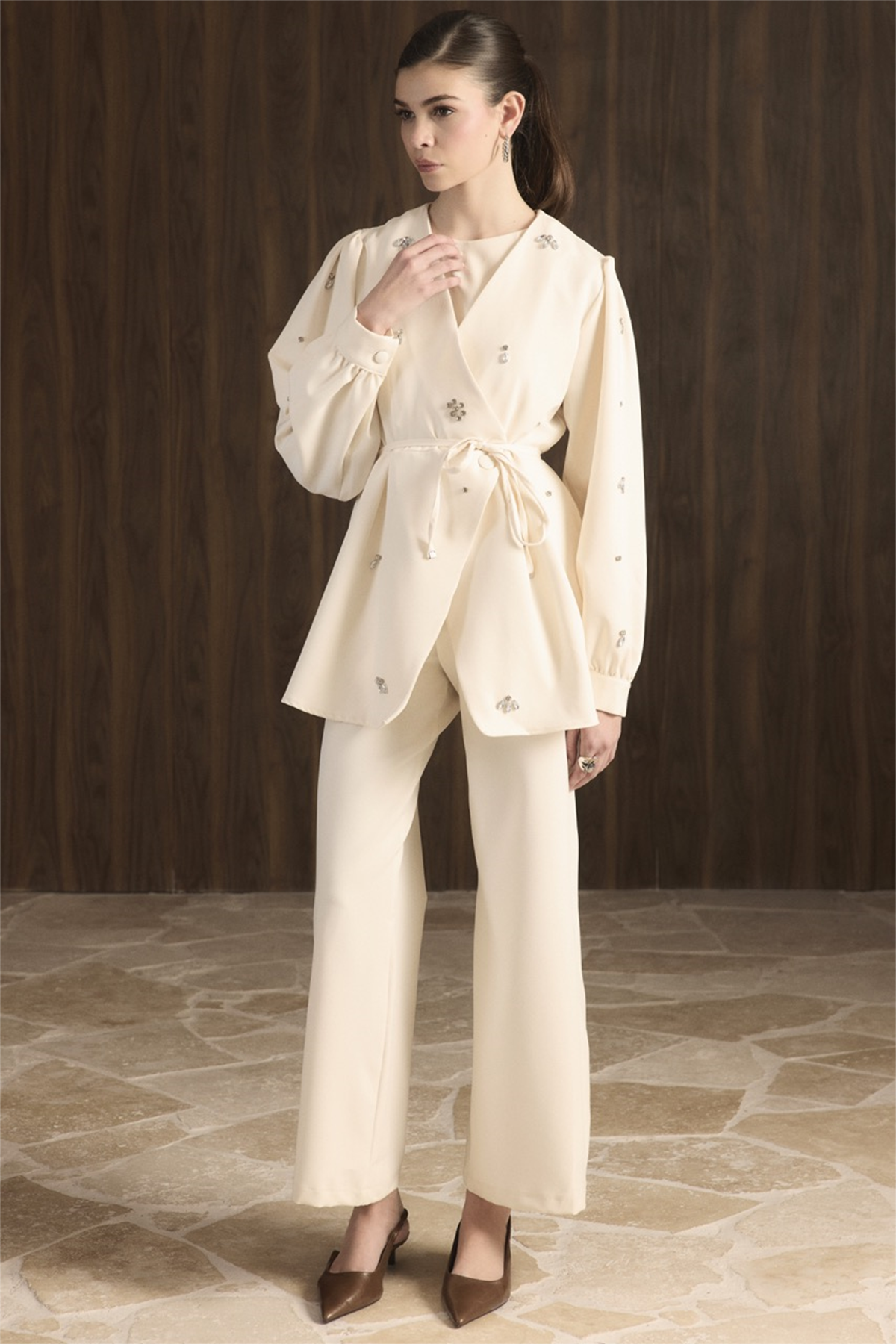 Kruvaze Taşlı Double Takım - Ekru