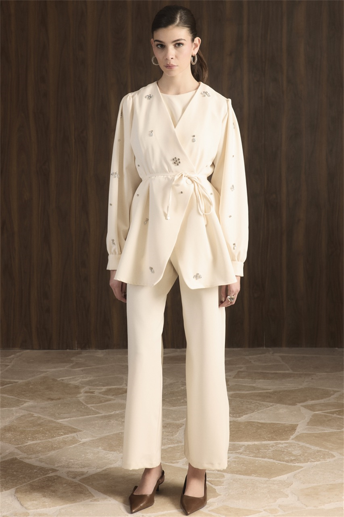 Kruvaze Taşlı Double Takım - Ekru