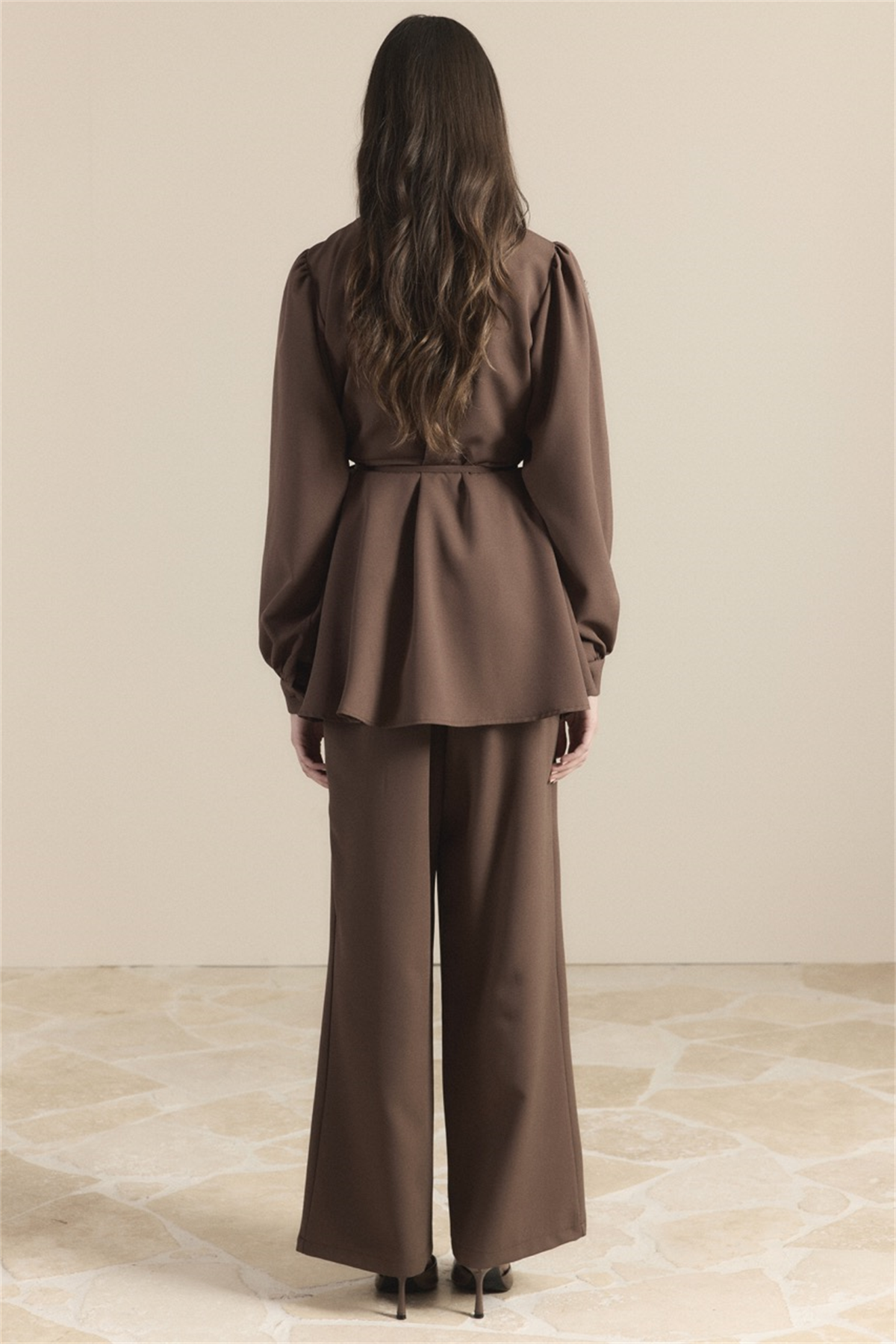 Kruvaze Taşlı Double Takım - Kahve