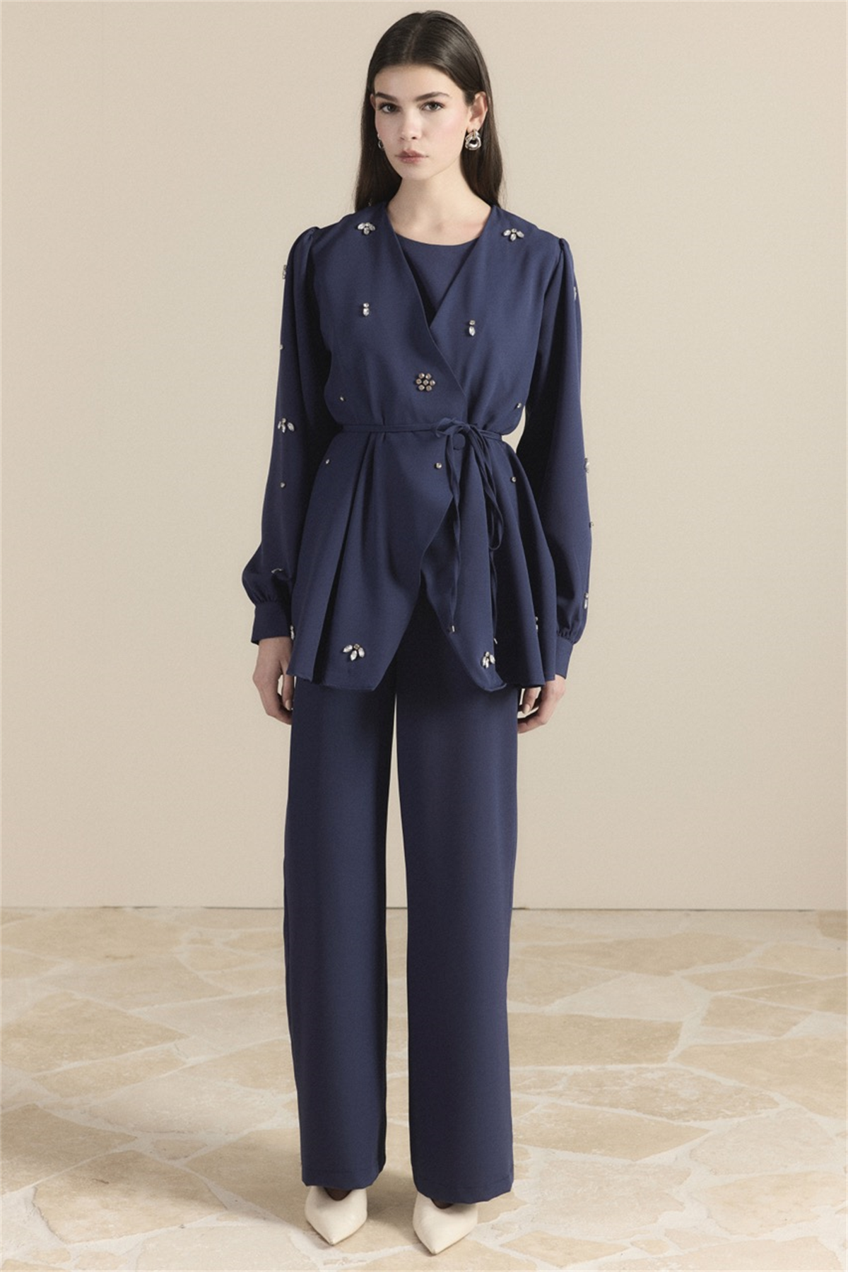 Kruvaze Taşlı Double Takım - Lacivert