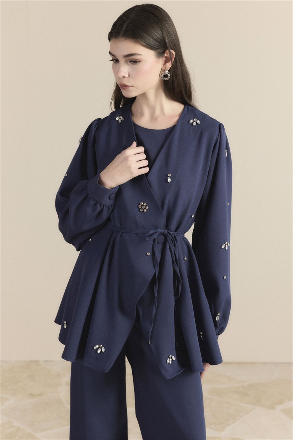 Kruvaze Taşlı Double Takım - Lacivert
