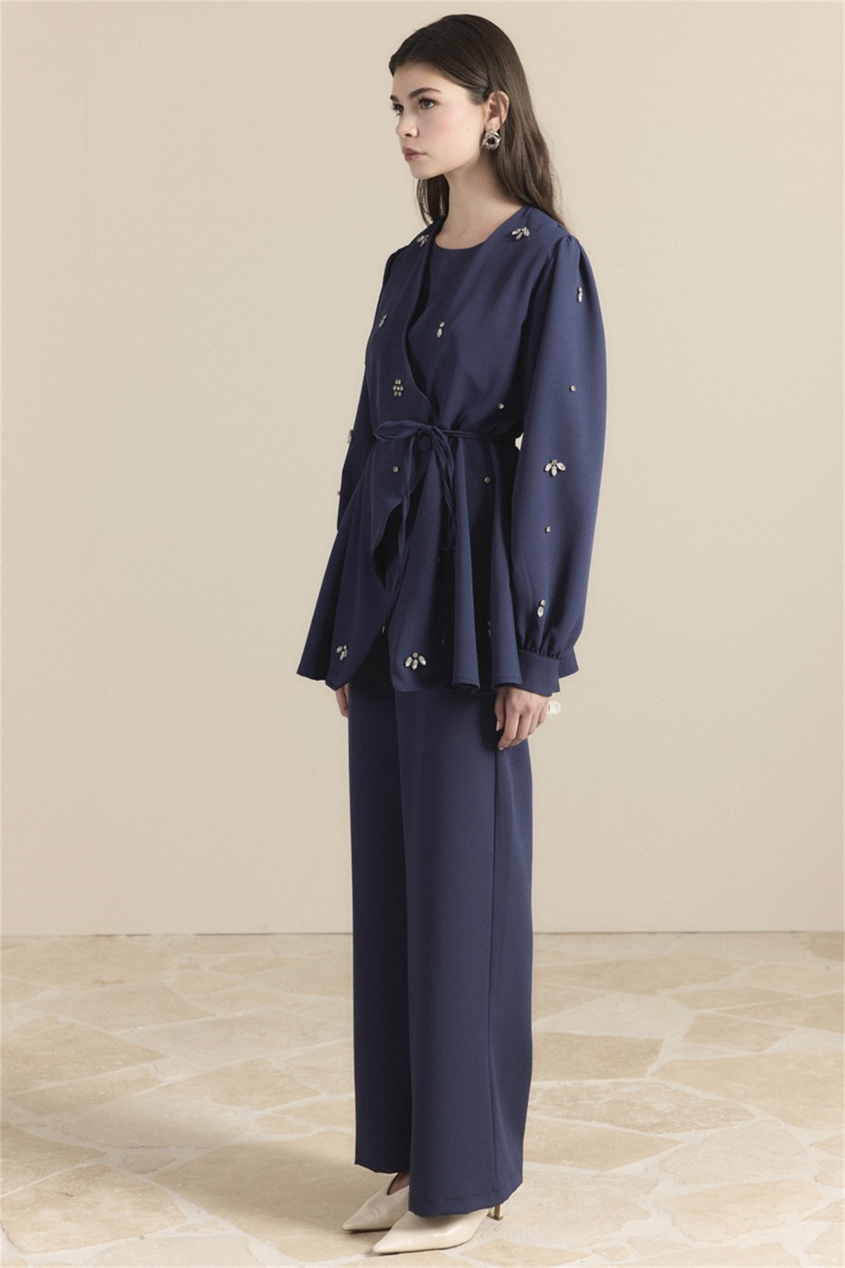 Kruvaze Taşlı Double Takım - Lacivert