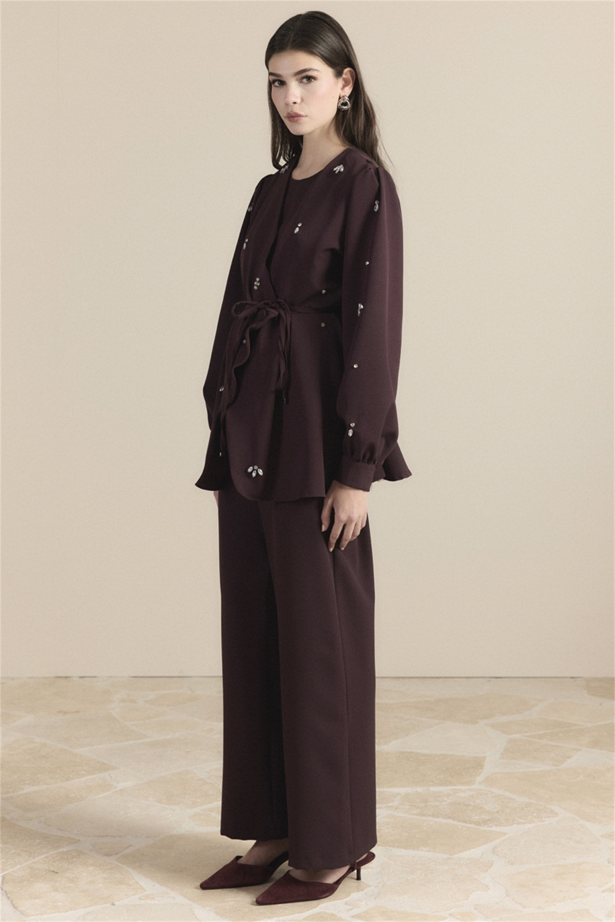 Kruvaze Taşlı Double Takım - Mürdüm