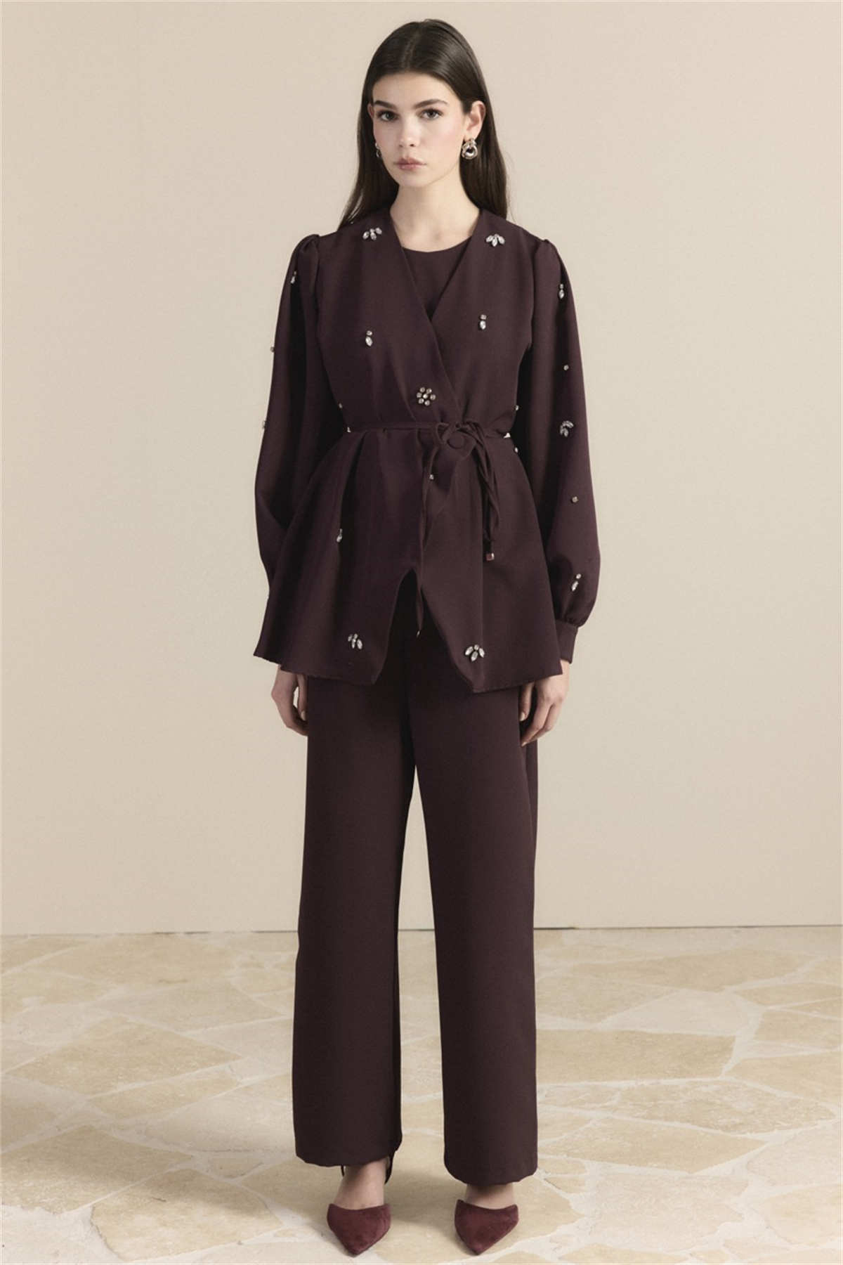 Kruvaze Taşlı Double Takım - Mürdüm