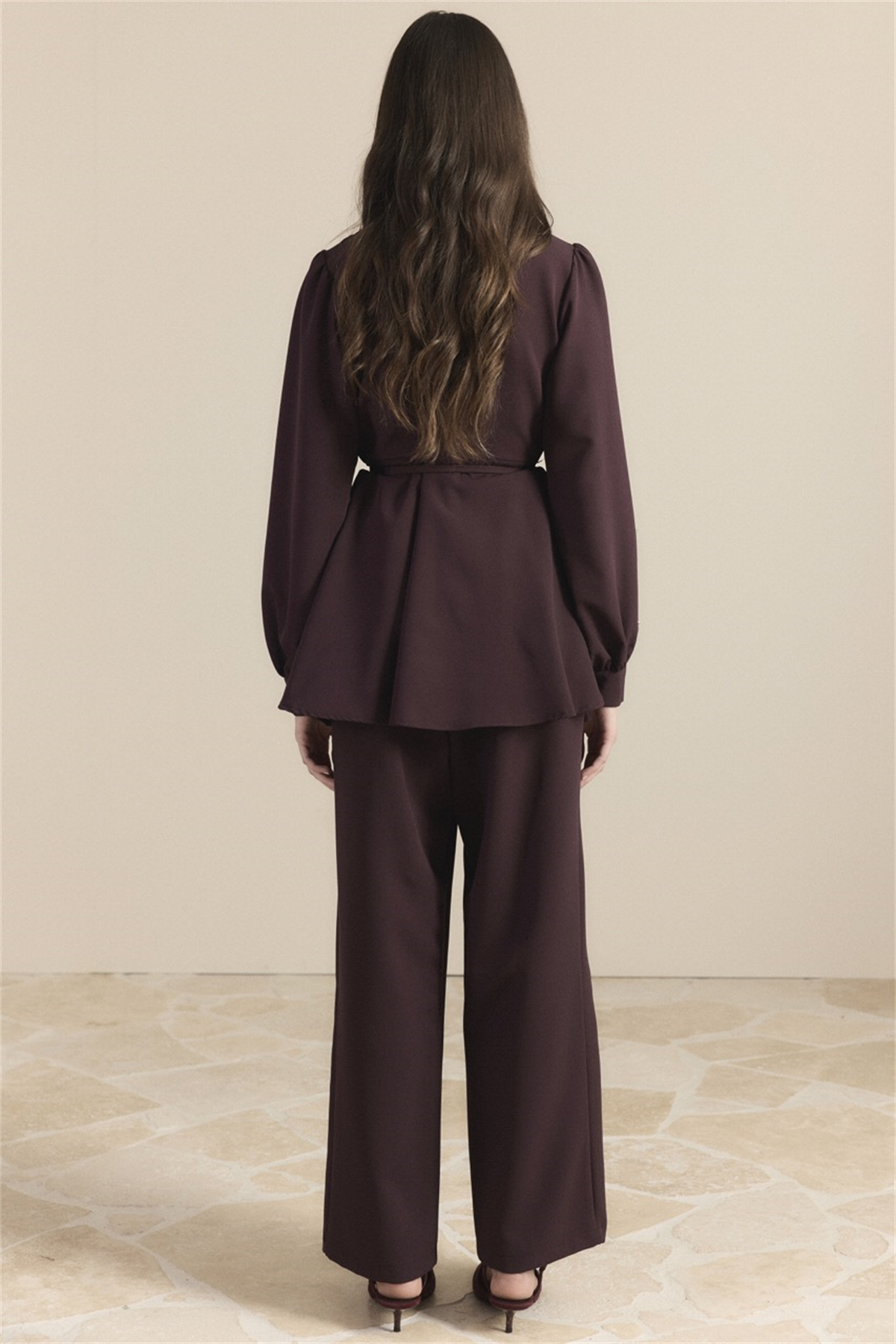 Kruvaze Taşlı Double Takım - Mürdüm