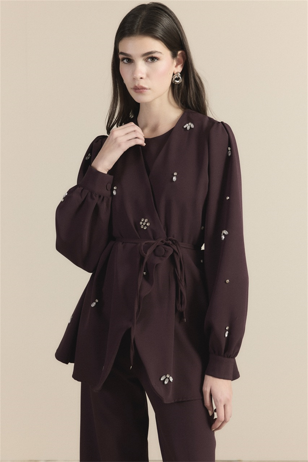 Kruvaze Taşlı Double Takım - Mürdüm