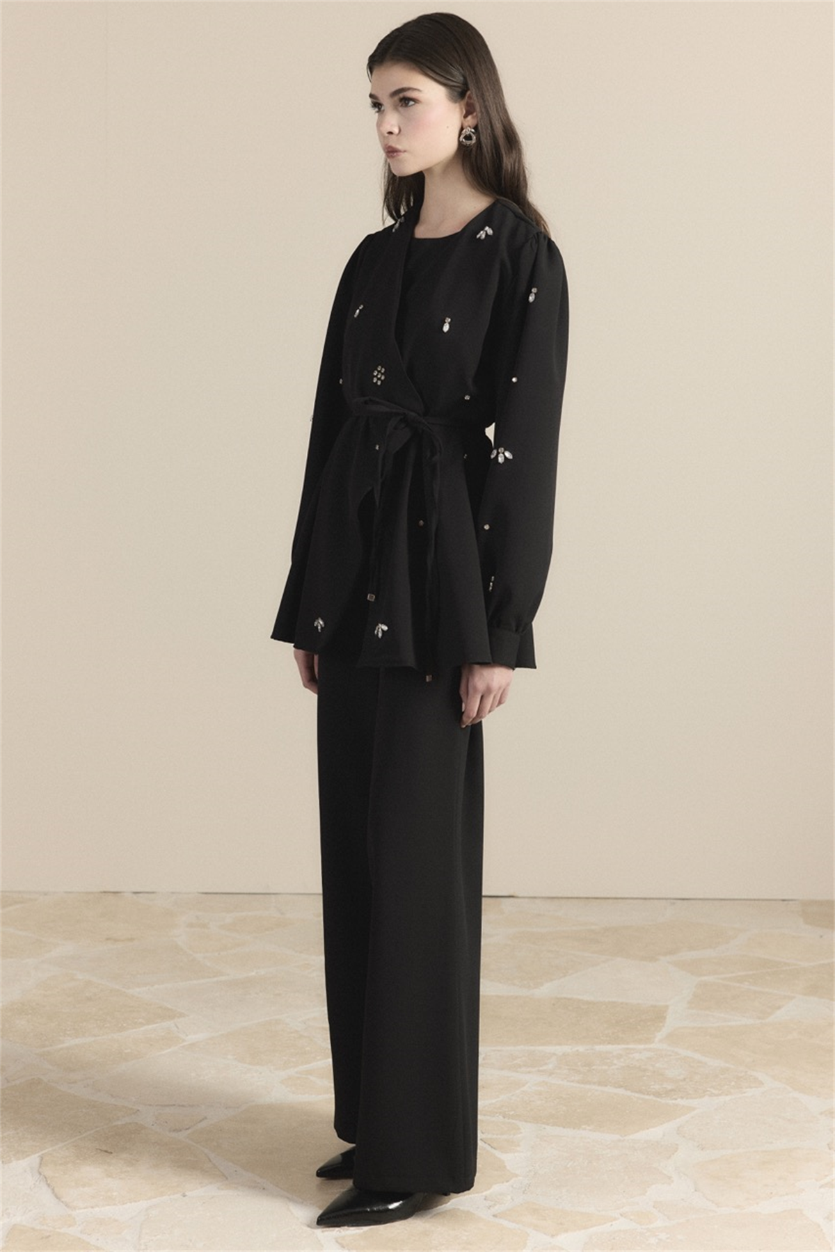 Kruvaze Taşlı Double Takım - Siyah