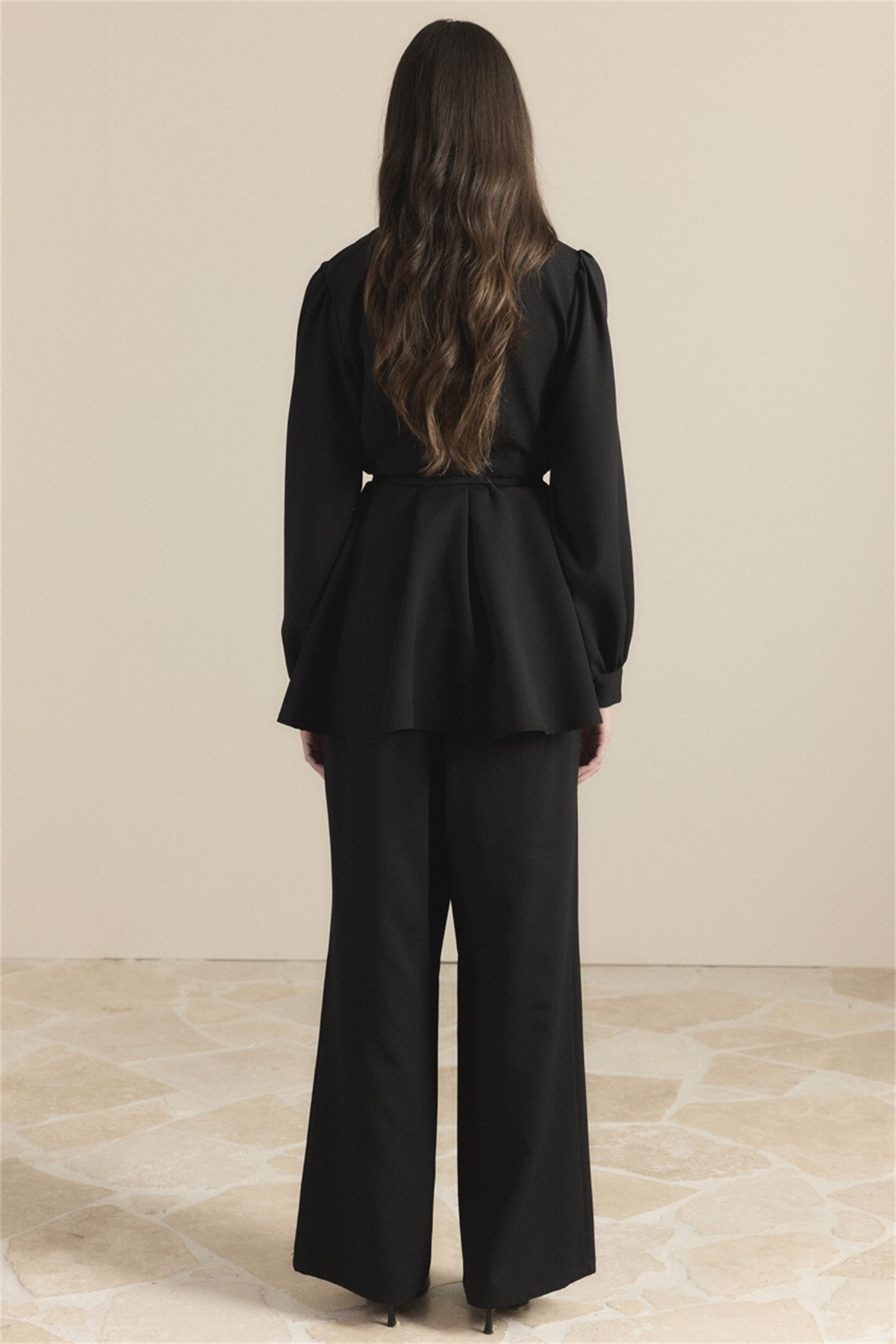 Kruvaze Taşlı Double Takım - Siyah