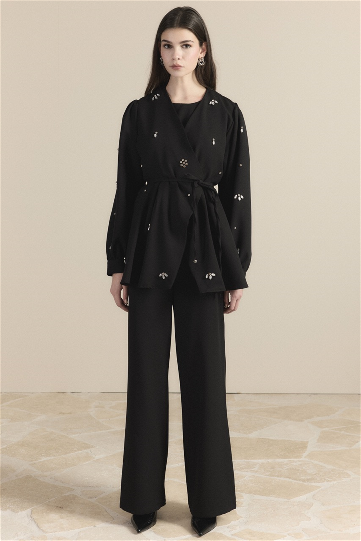 Kruvaze Taşlı Double Takım - Siyah